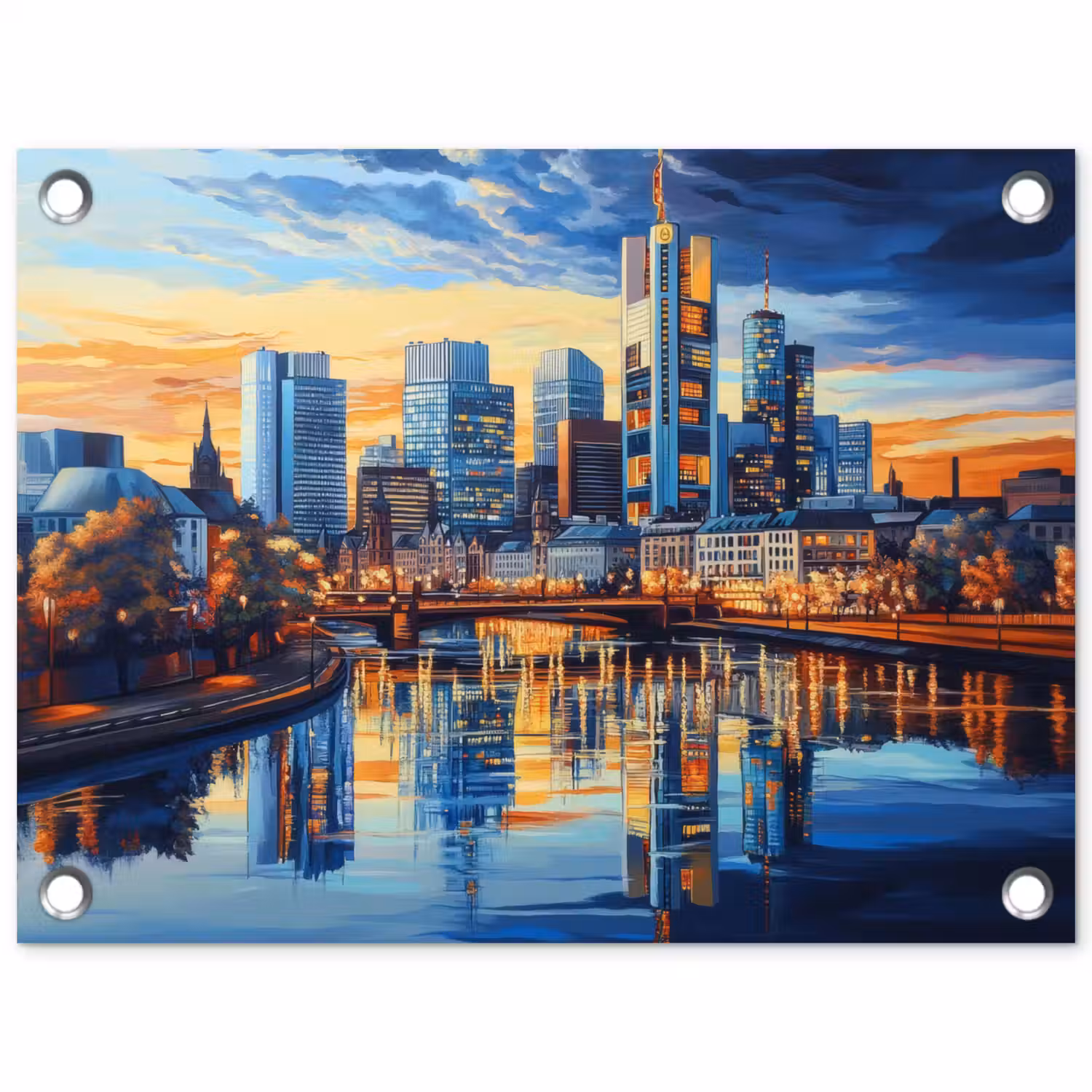 Zonsondergang Frankfurt - Stad - Skyline - Water tuinposter los doek klein -3d
