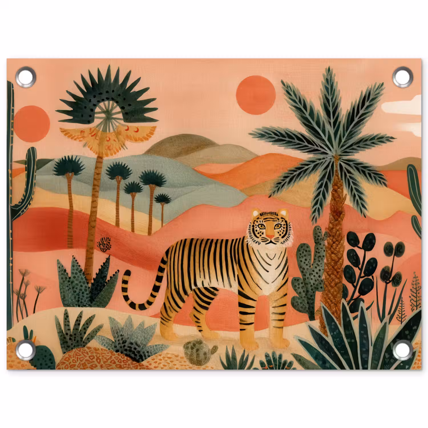 Tijger - Kleurrijk - Palmen - Cactus tuinposter los doek klein -3d