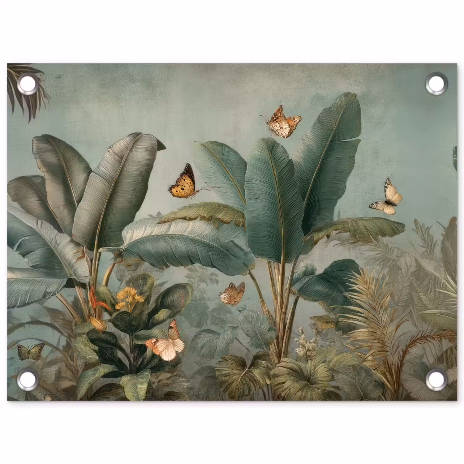 Tropisch bladerdek - Vlinders - groen - Bruin tuinposter los doek klein -3d