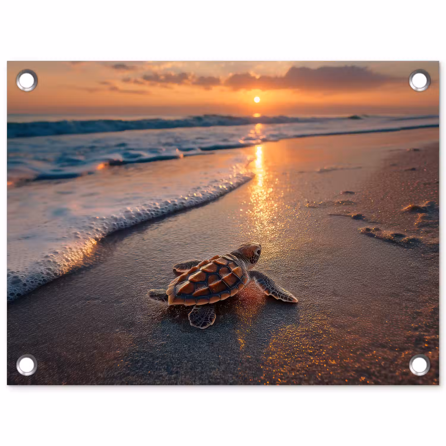 Schildpad - strand - Zonsondergang tuinposter los doek klein -3d