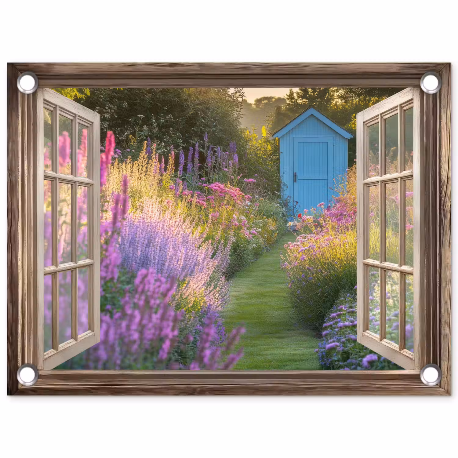 Doorkijk - Bloemen - Raam - Natuur tuinposter los doek klein -3d