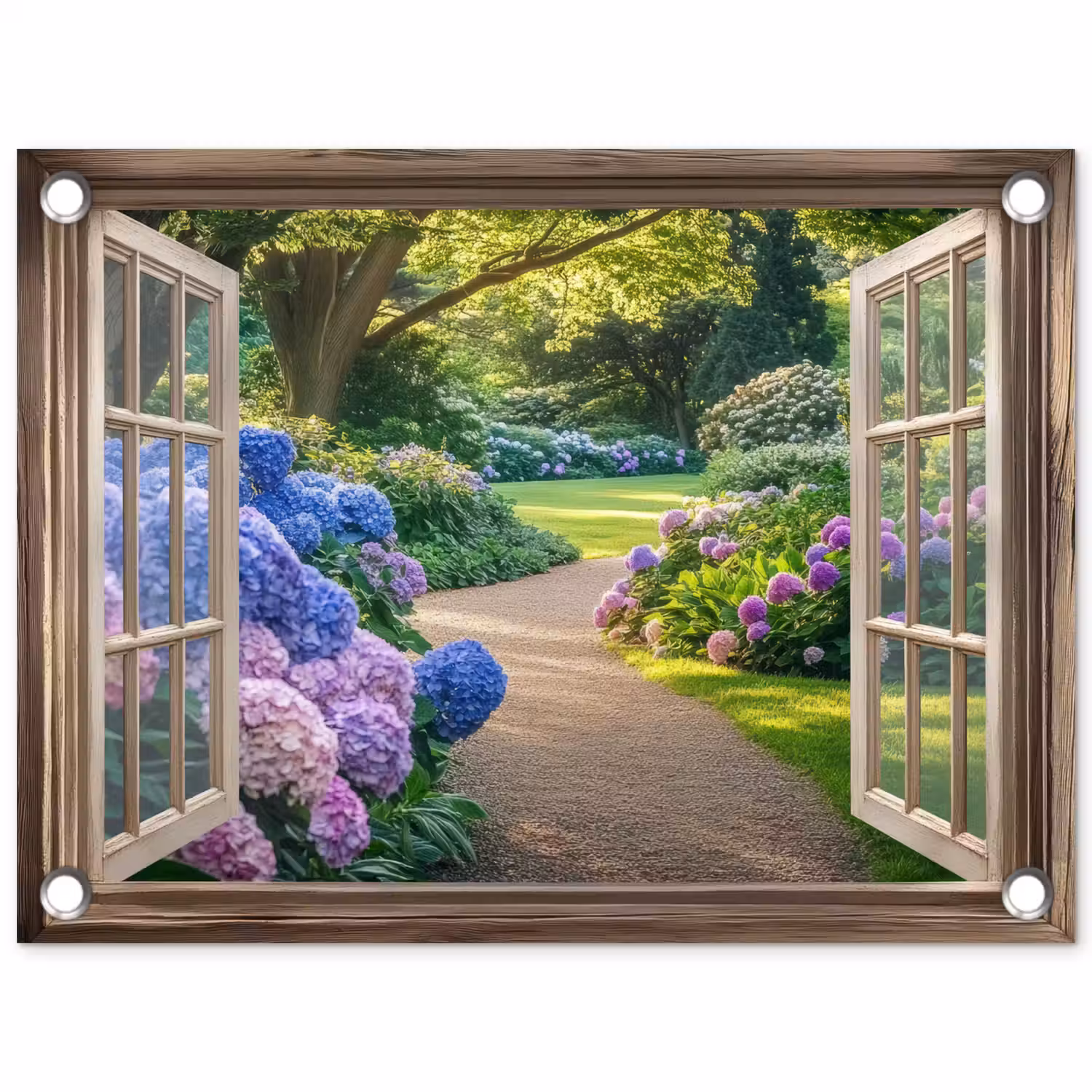 Doorkijk - Tuin - Raam - Hortensia - Bloemen tuinposter los doek klein -3d