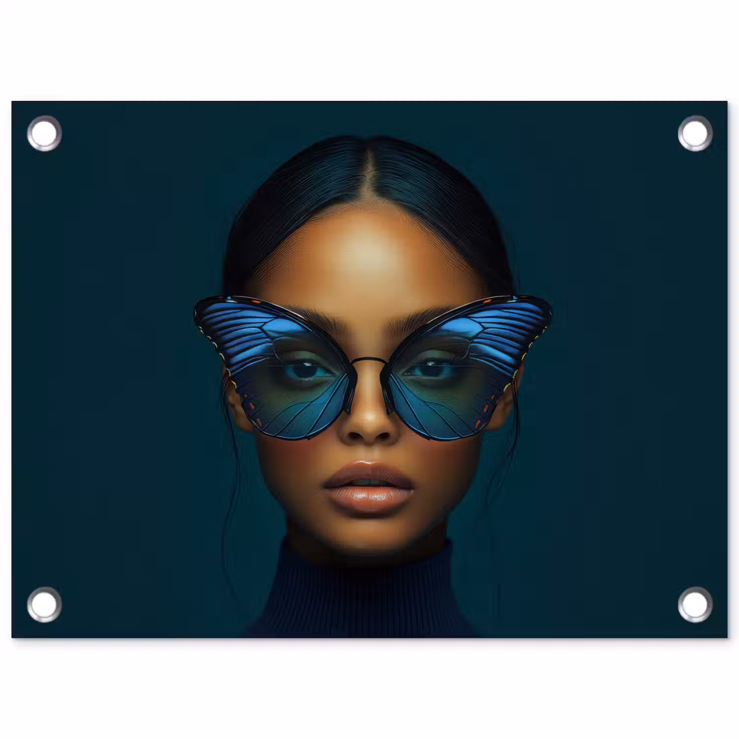 Vrouw - Vlinder - Bril - Blauw - Modern - Portret tuinposter los doek klein -3d