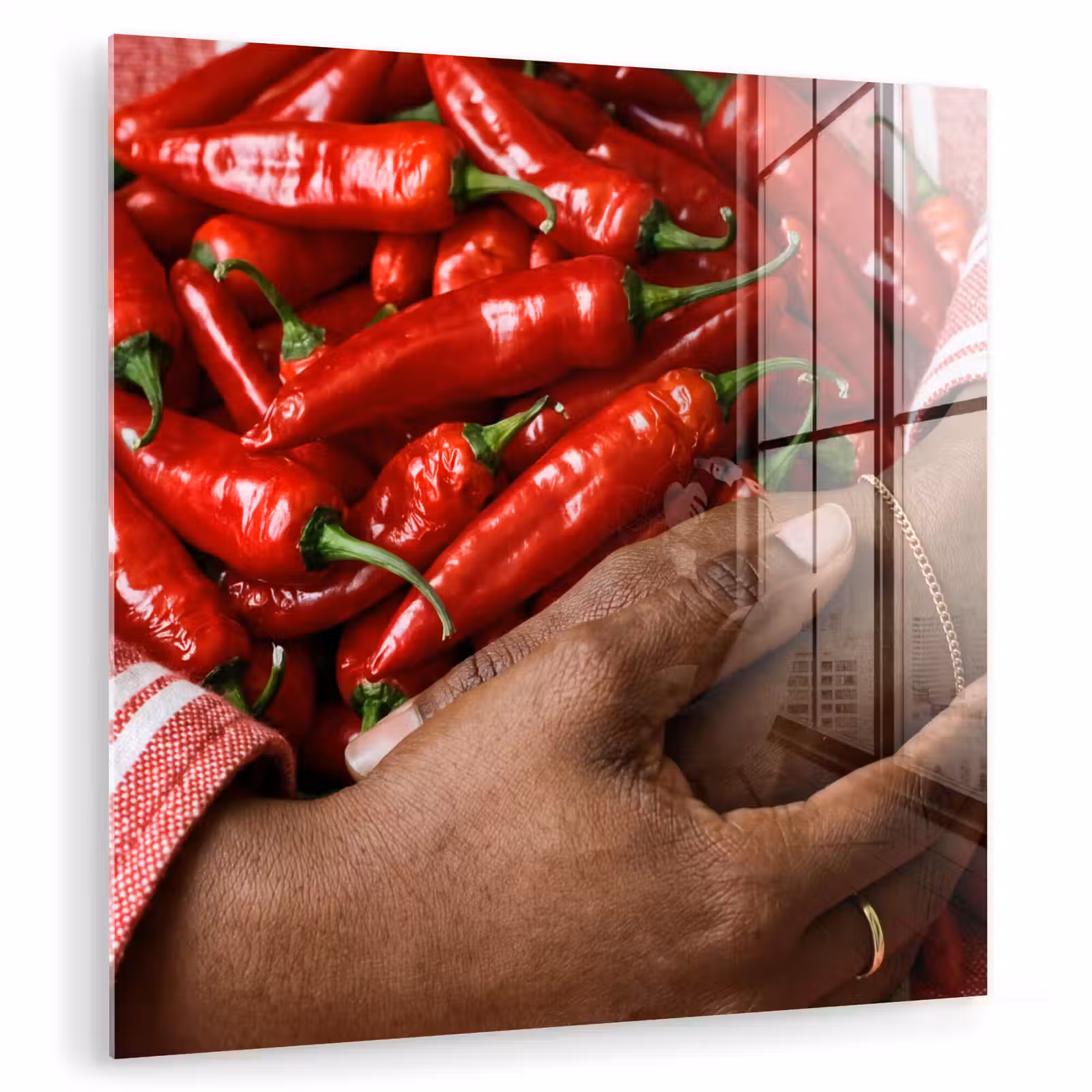Glass Print - Chili Peppers - Red - Hands - Chilipepers - Rood - Handen plexiglas 5mm klein