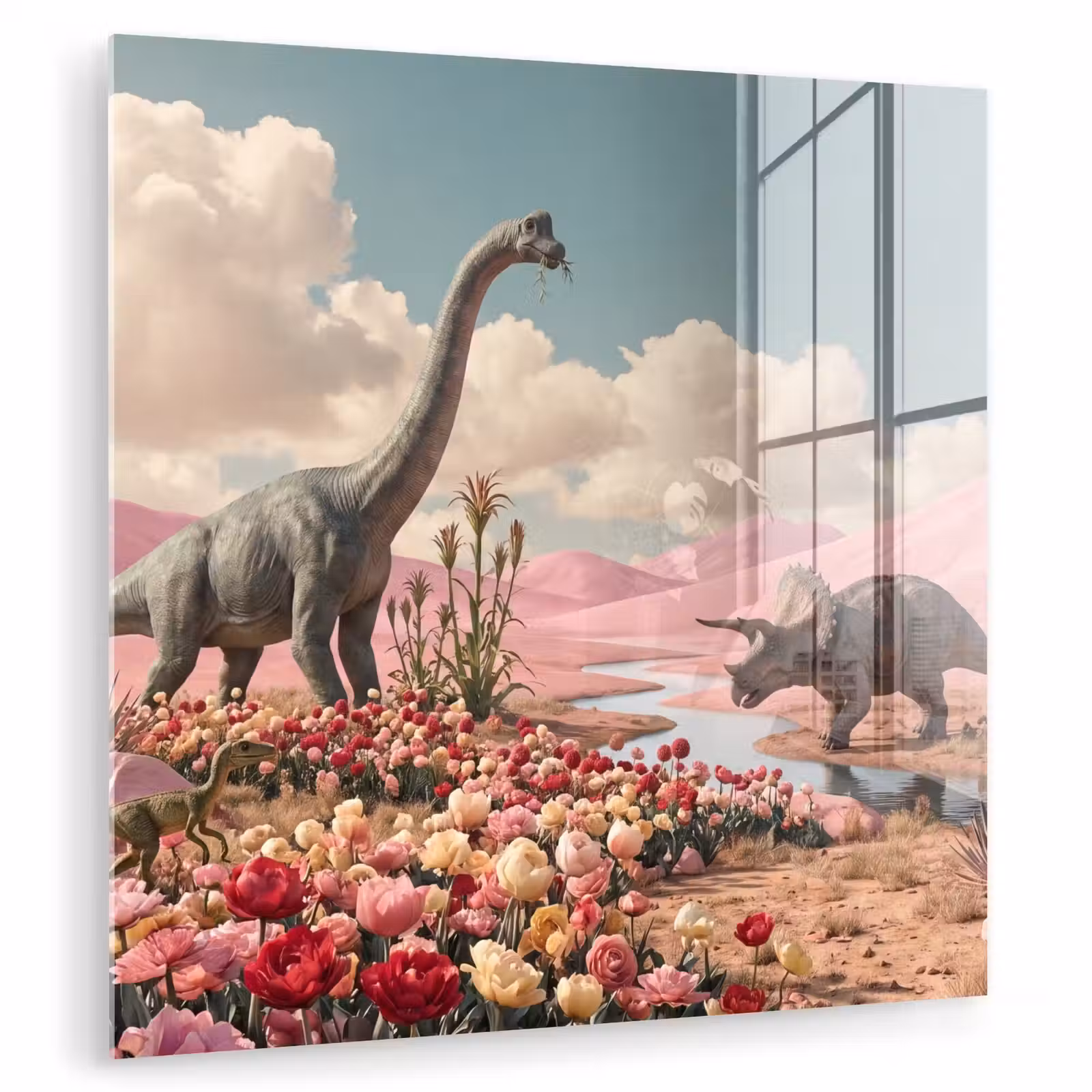 Glass Print - Dinosaur - Pink - Landscape - Dinosaurus - Roze - Landschap plexiglas 5mm klein
