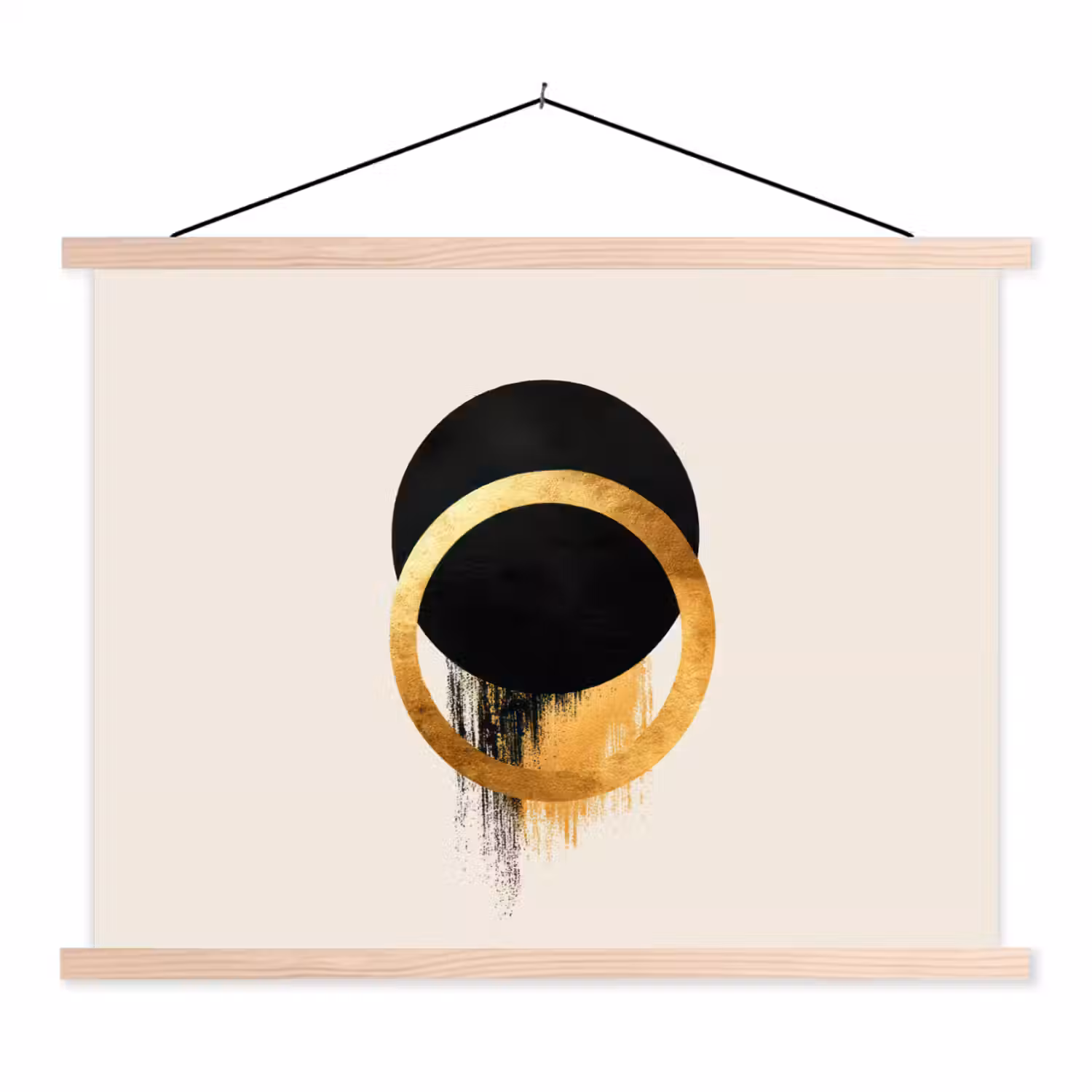 Abstract ontwerp - Zwarte cirkel - Verfvlekken textielposter latten blank klein -3d