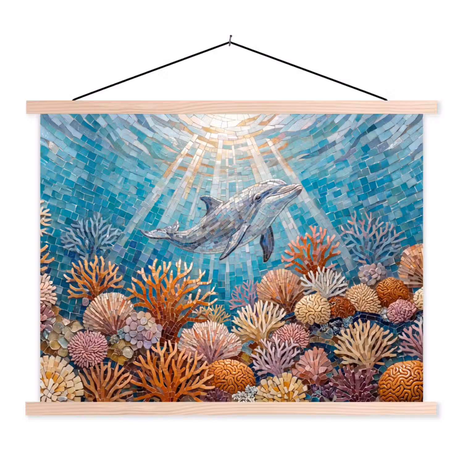 Dieren - Mozaïek - Oceaan - Koraal - Blauw textielposter latten blank klein -3d