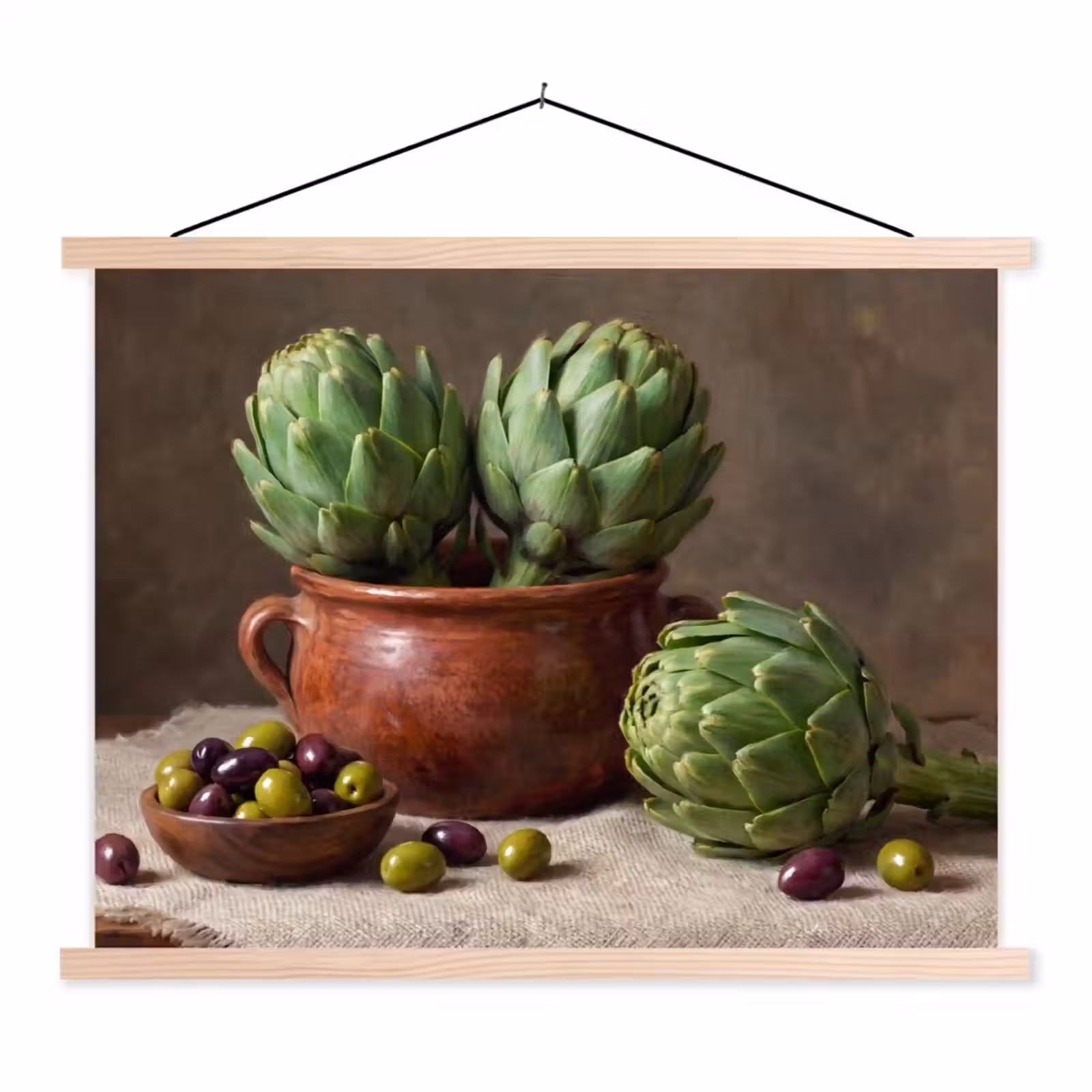 Hanging Poster - Artichokes - Olives - Food - Artisjokken - Olijven - Eten textielposter latten blank klein