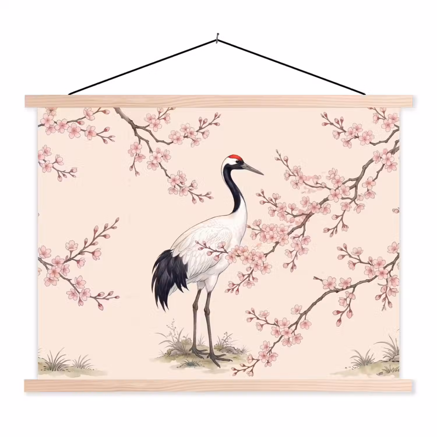 Aziatisch - Kraanvogel - Beige textielposter latten blank klein -3d