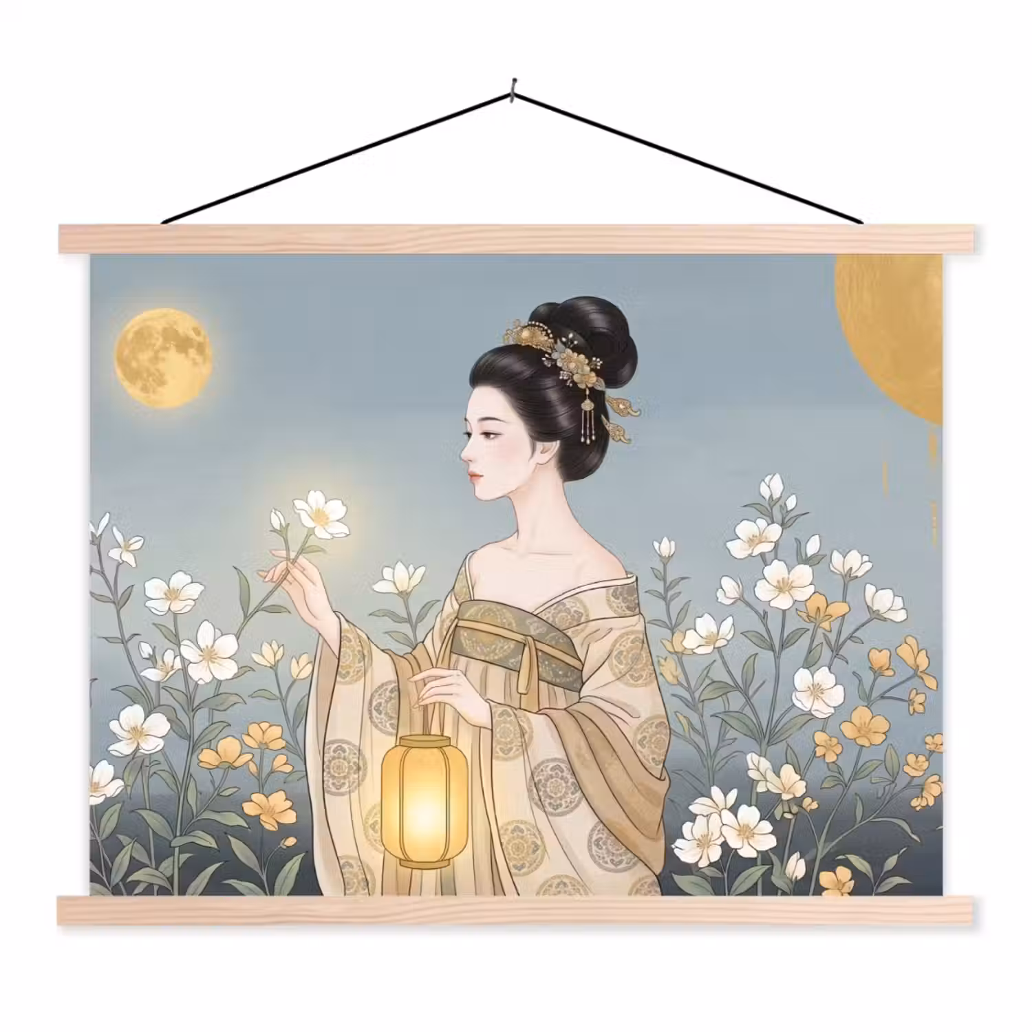 Aziatisch - Vrouw - Kimono textielposter latten blank klein -3d