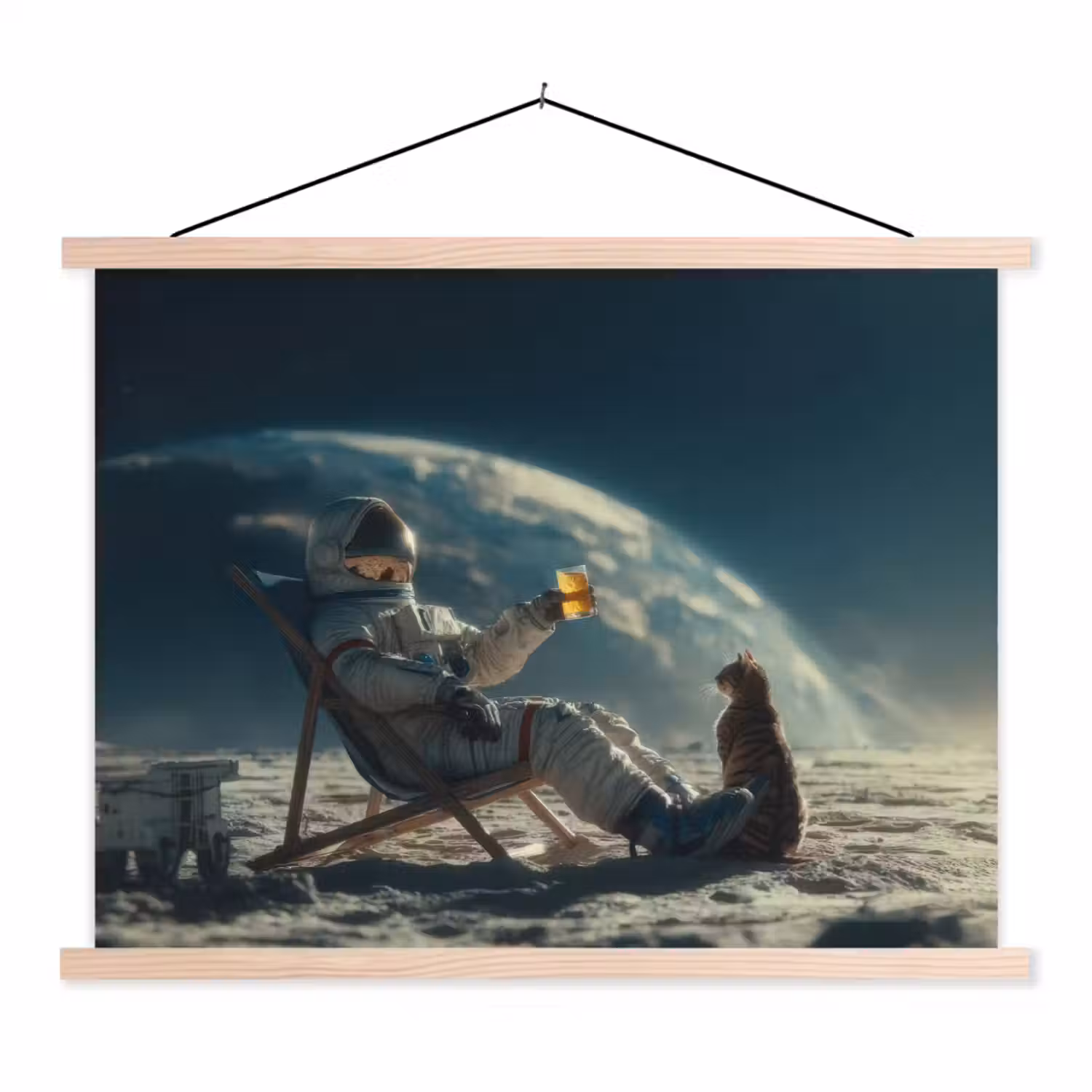 Astronaut - Kat - Glas - Stoel textielposter latten blank klein -3d