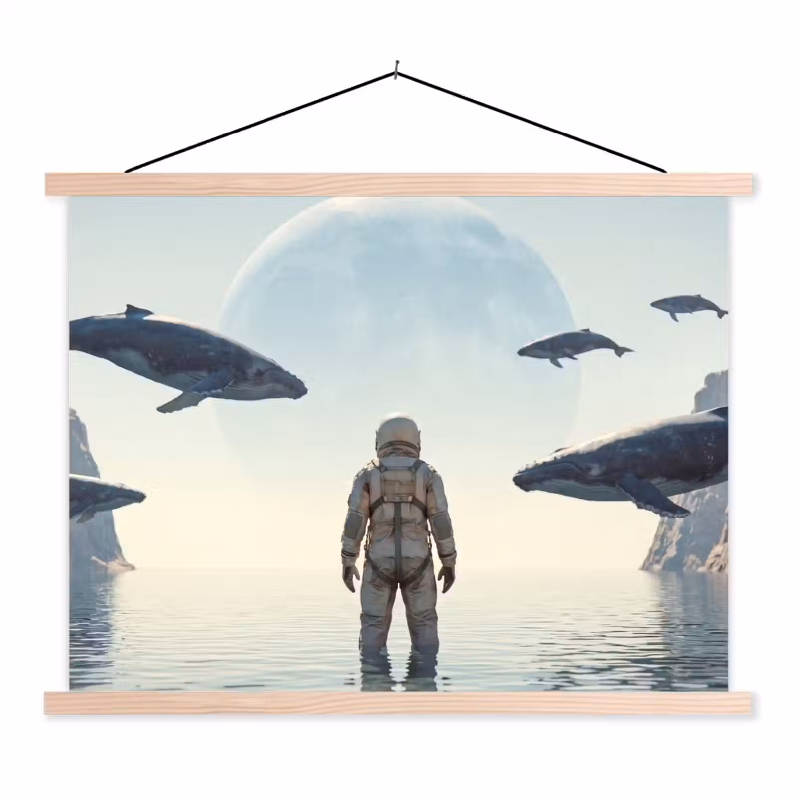 Hanging Poster - Astronaut - Whale - Fantasy - Ruimtevaarder - Walvis - Fantasie textielposter latten blank klein