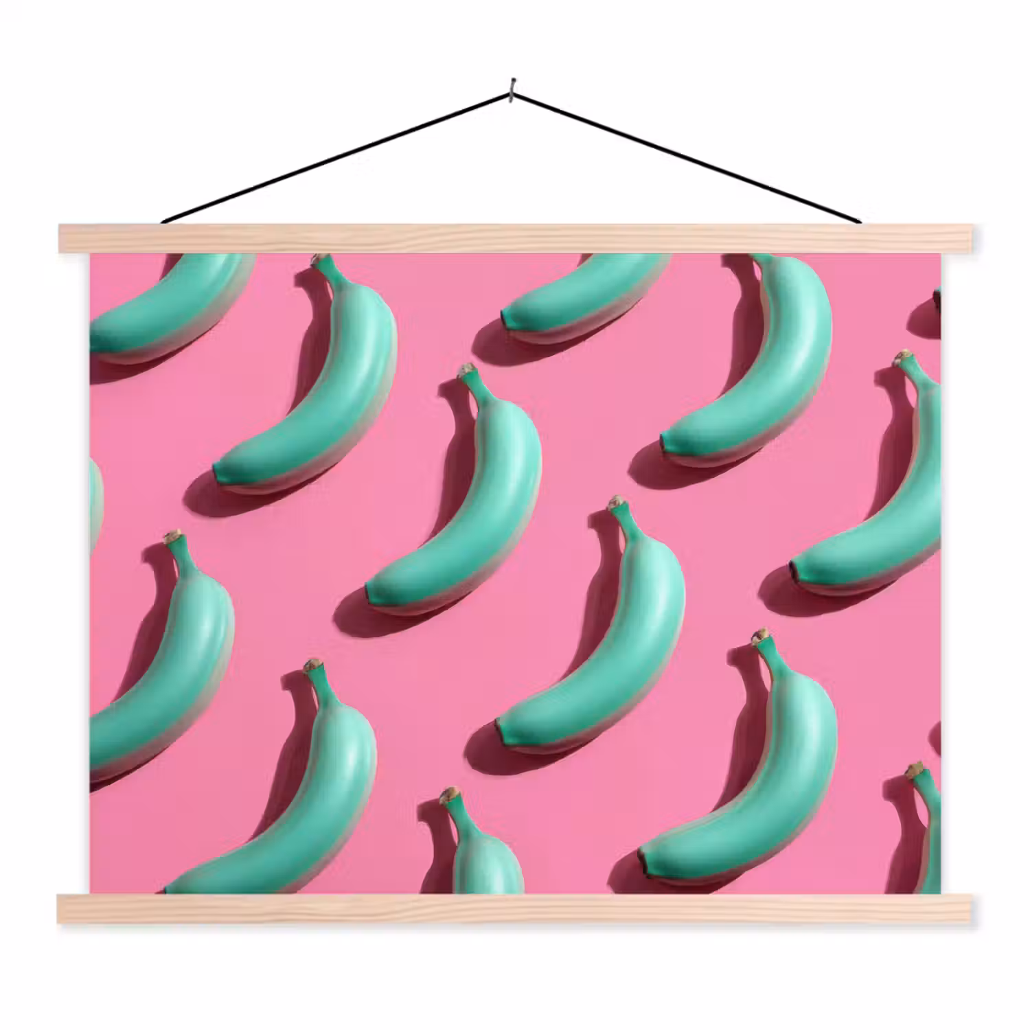 Bananen - Patroon - Blauw - Roze textielposter latten blank klein -3d