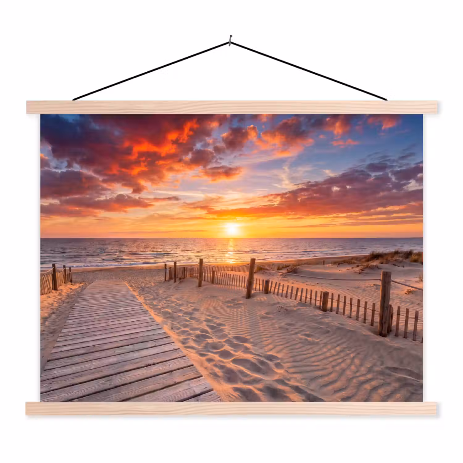 Strand - Zonsondergang - Zee - Natuur - Oranje textielposter latten blank klein -3d