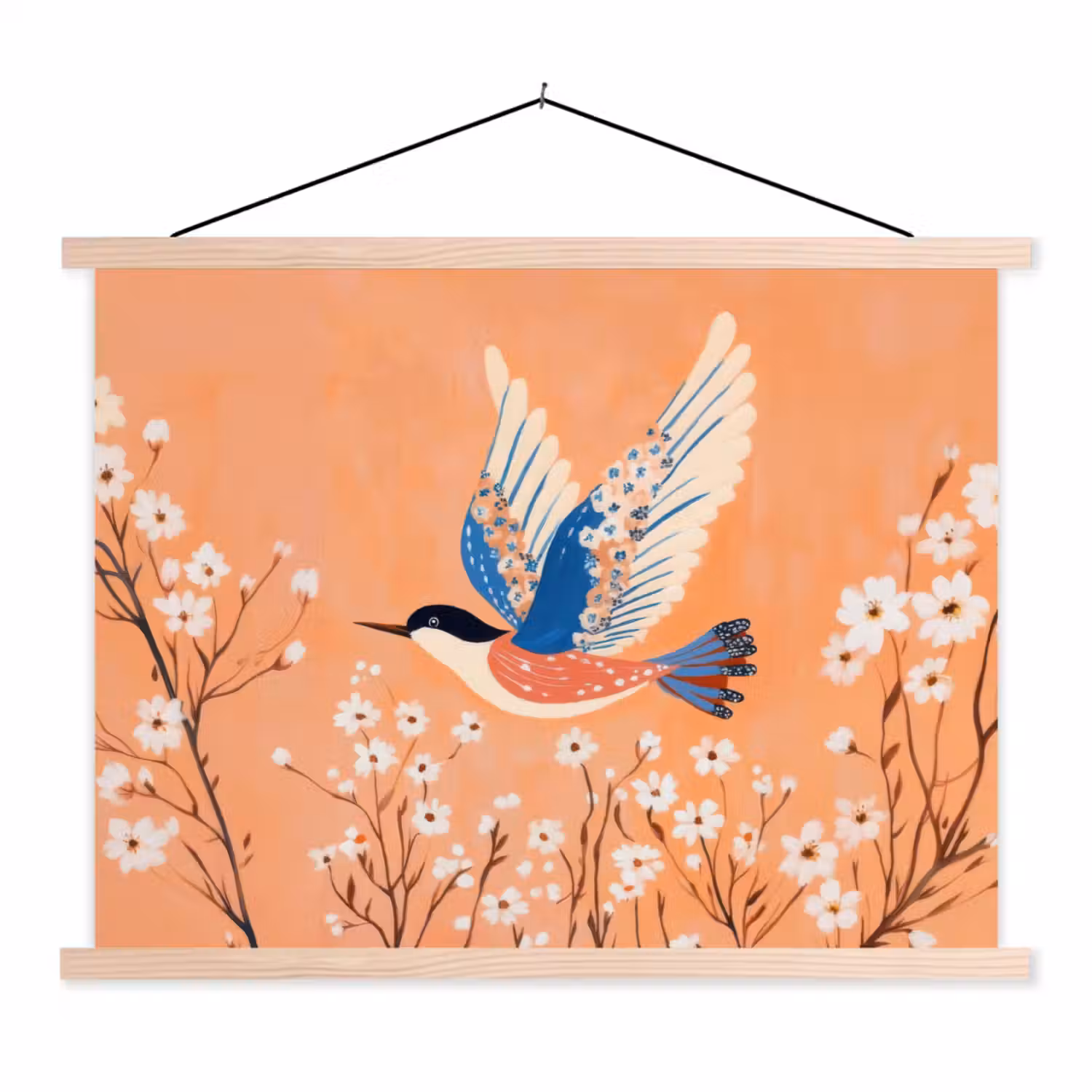 Vogel - Bloesemtakken - Warm - Kleurrijk textielposter latten blank klein -3d