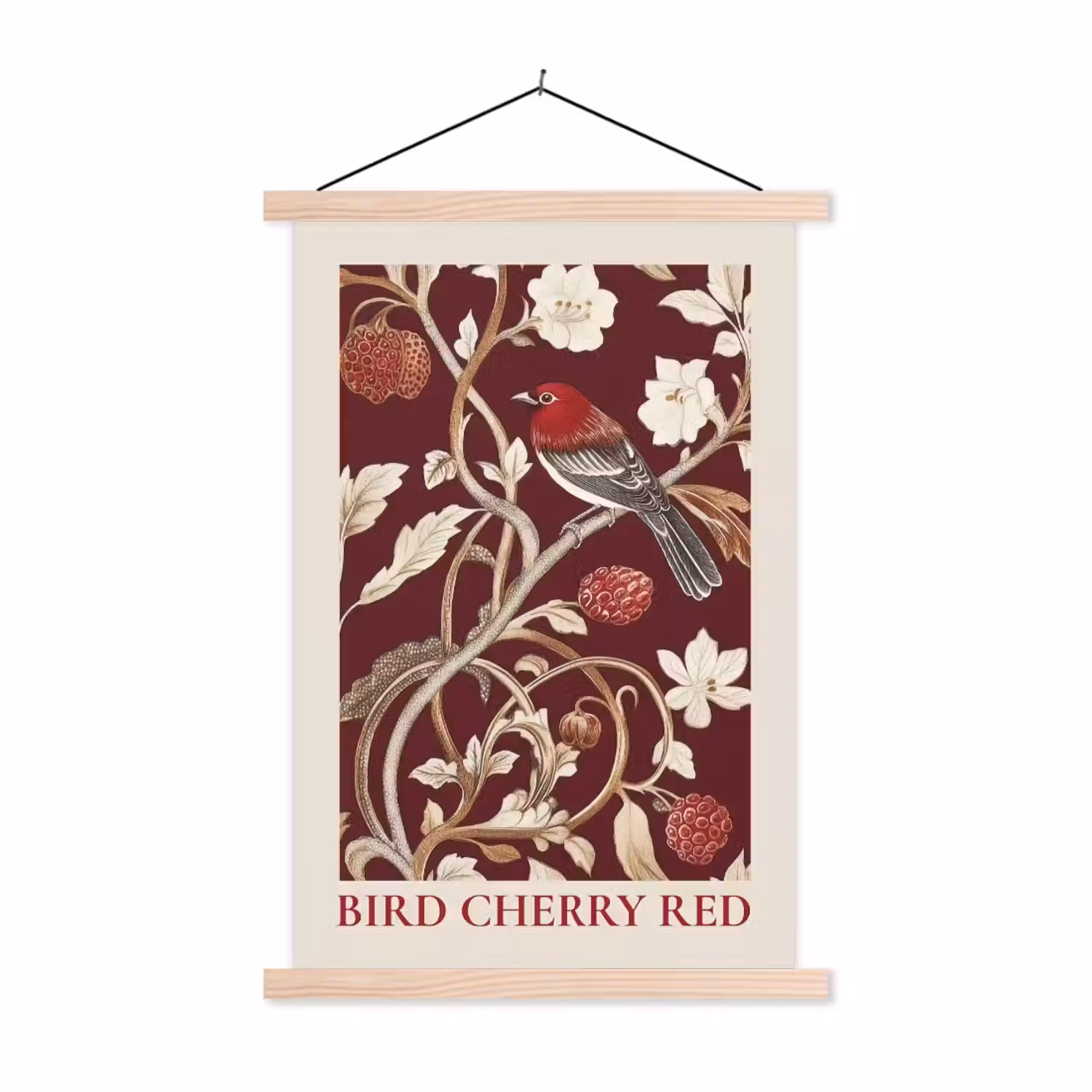 Vogel - Bordeaux - Bloemen - Bessen textielposter latten blank klein -3d