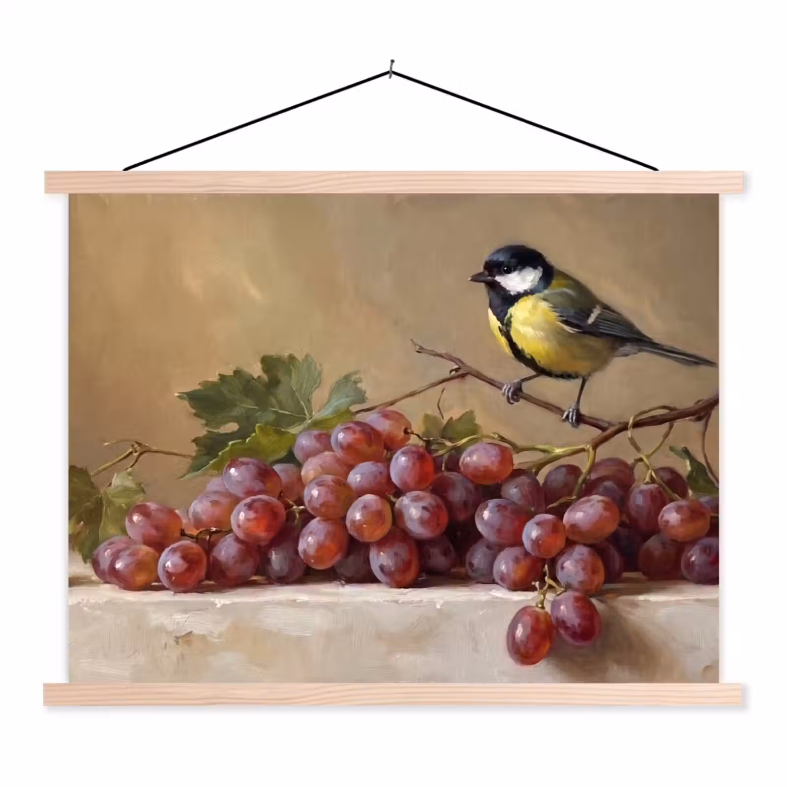 Hanging Poster - Bird - Grapes - Still Life - Vogel - Druiven - Stilleven textielposter latten blank klein