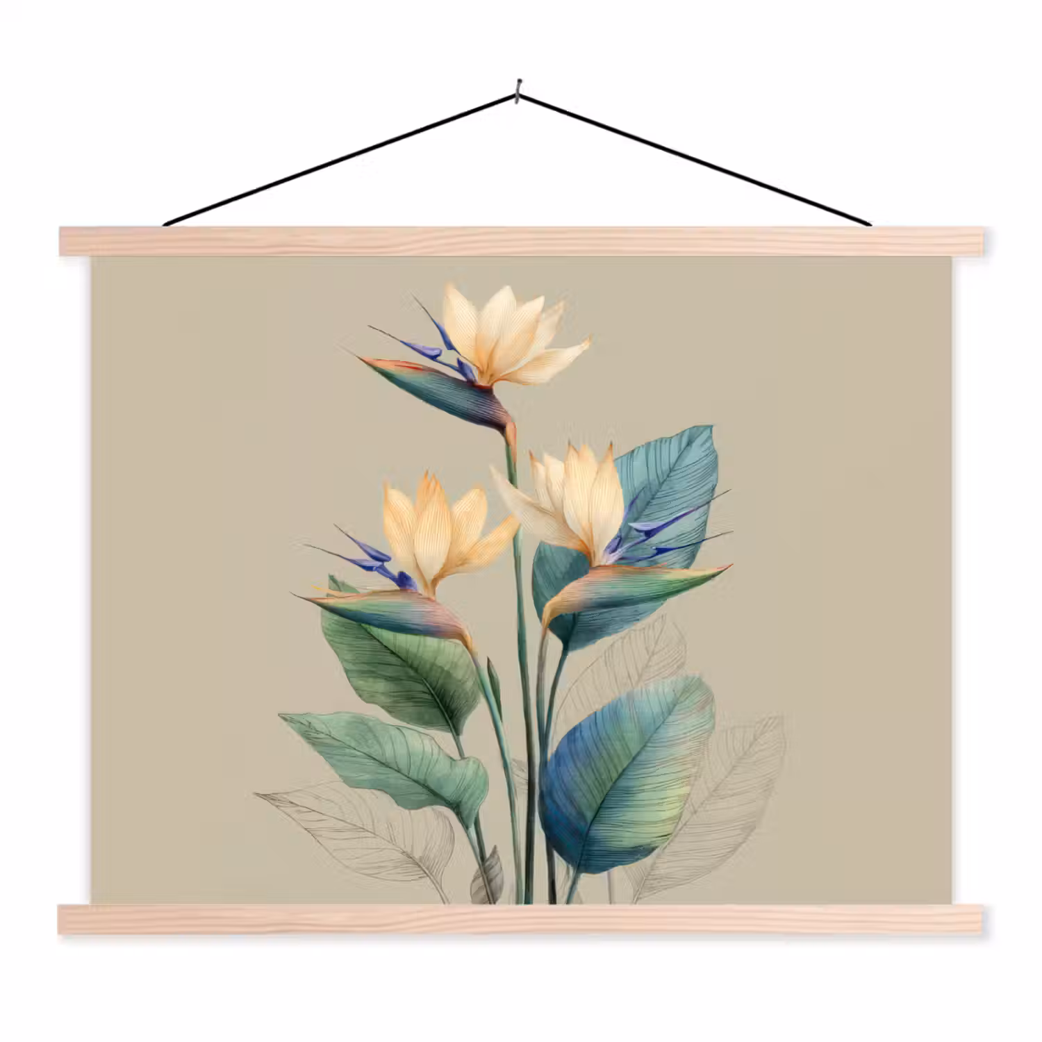 Paradijsvogelbloemen - Blauwgroene bladeren - Beige textielposter latten blank klein -3d