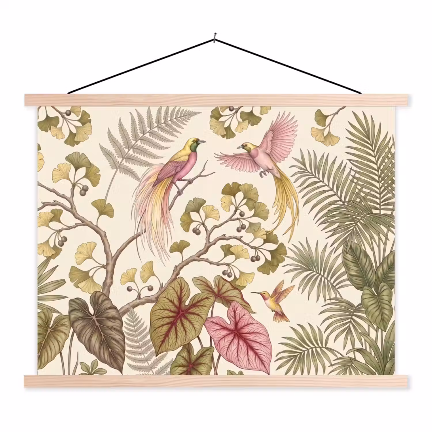 Vogels - Tropisch - Botanisch - Roze textielposter latten blank klein -3d