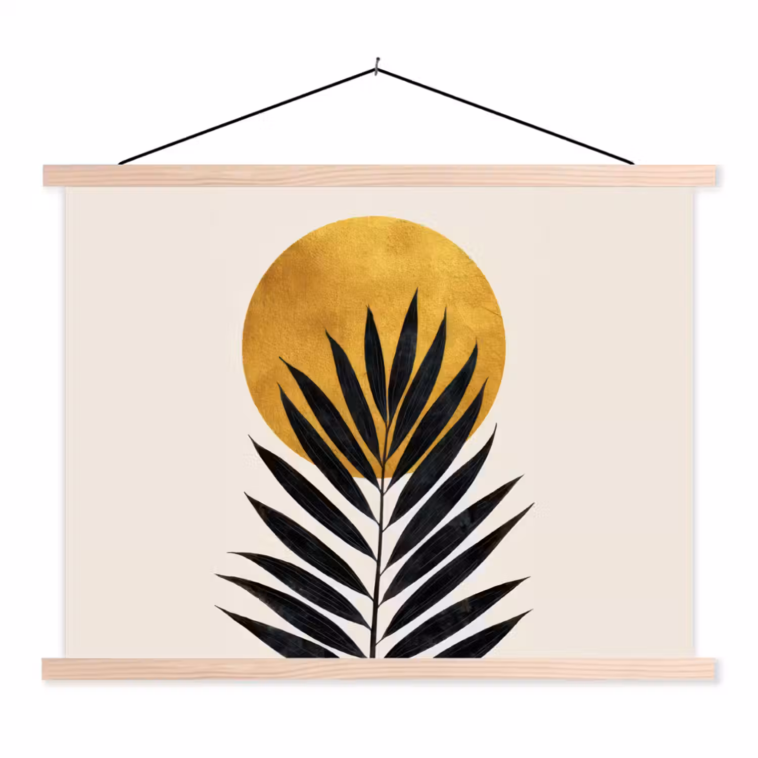 Zwart palmblad - Gouden cirkel - Beige achtergrond textielposter latten blank klein -3d