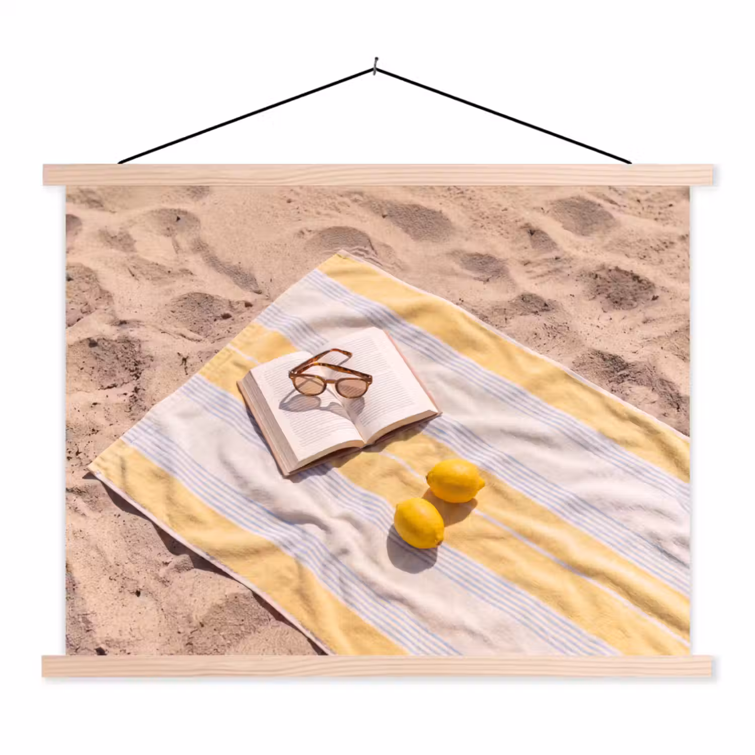 Boek - Zonnebril - Strand - Zomer - Geel textielposter latten blank klein -3d