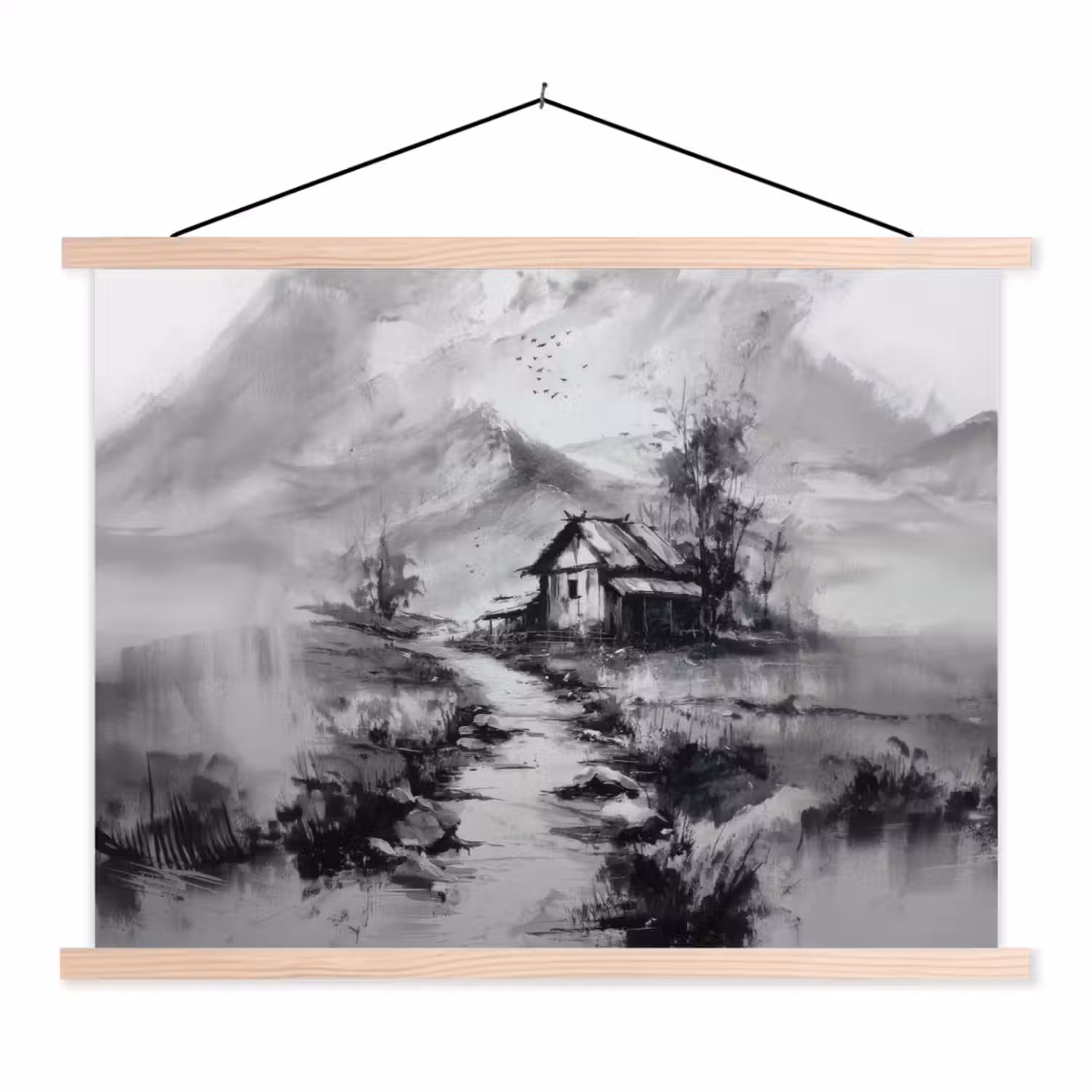 Hut - Grijs - Bergen - Mistig textielposter latten blank klein -3d