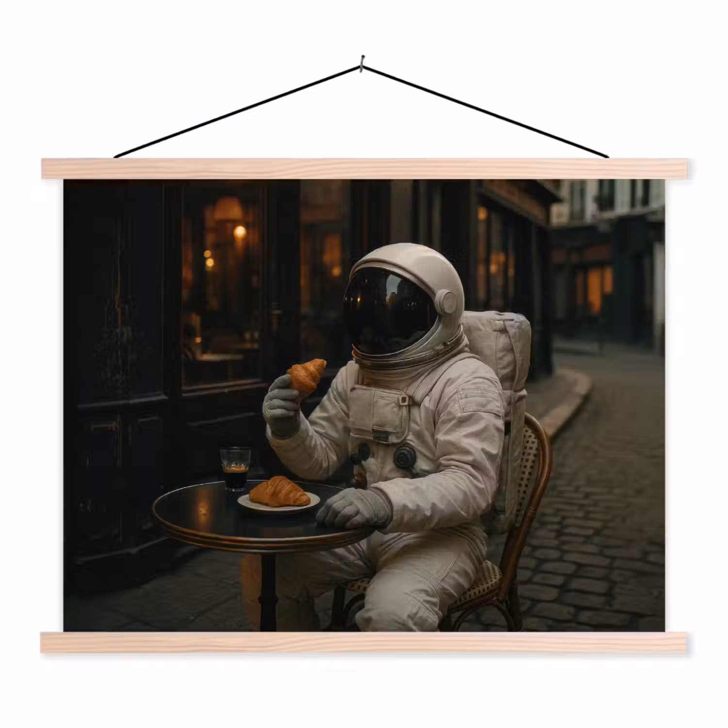 Café - Croissant - Koffie - Astronaut textielposter latten blank klein -3d