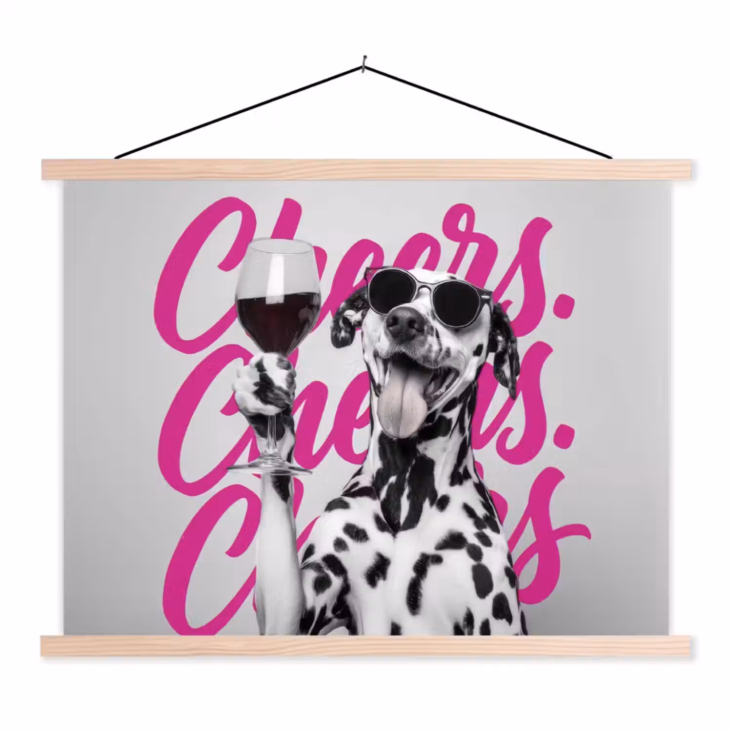 Cheers - Hond - Roze - Wijn textielposter latten blank klein -3d