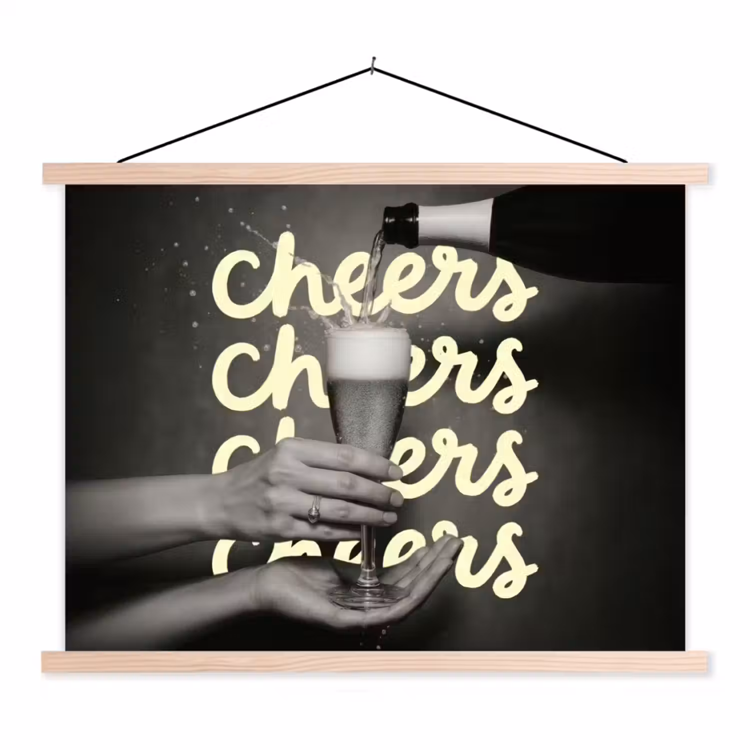 Cheers - Wijn - Zwart - Wit textielposter latten blank klein -3d