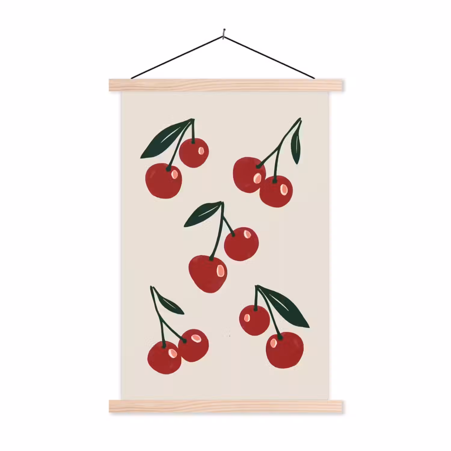 Kersen - Blaadjes - Rood textielposter latten blank klein -3d