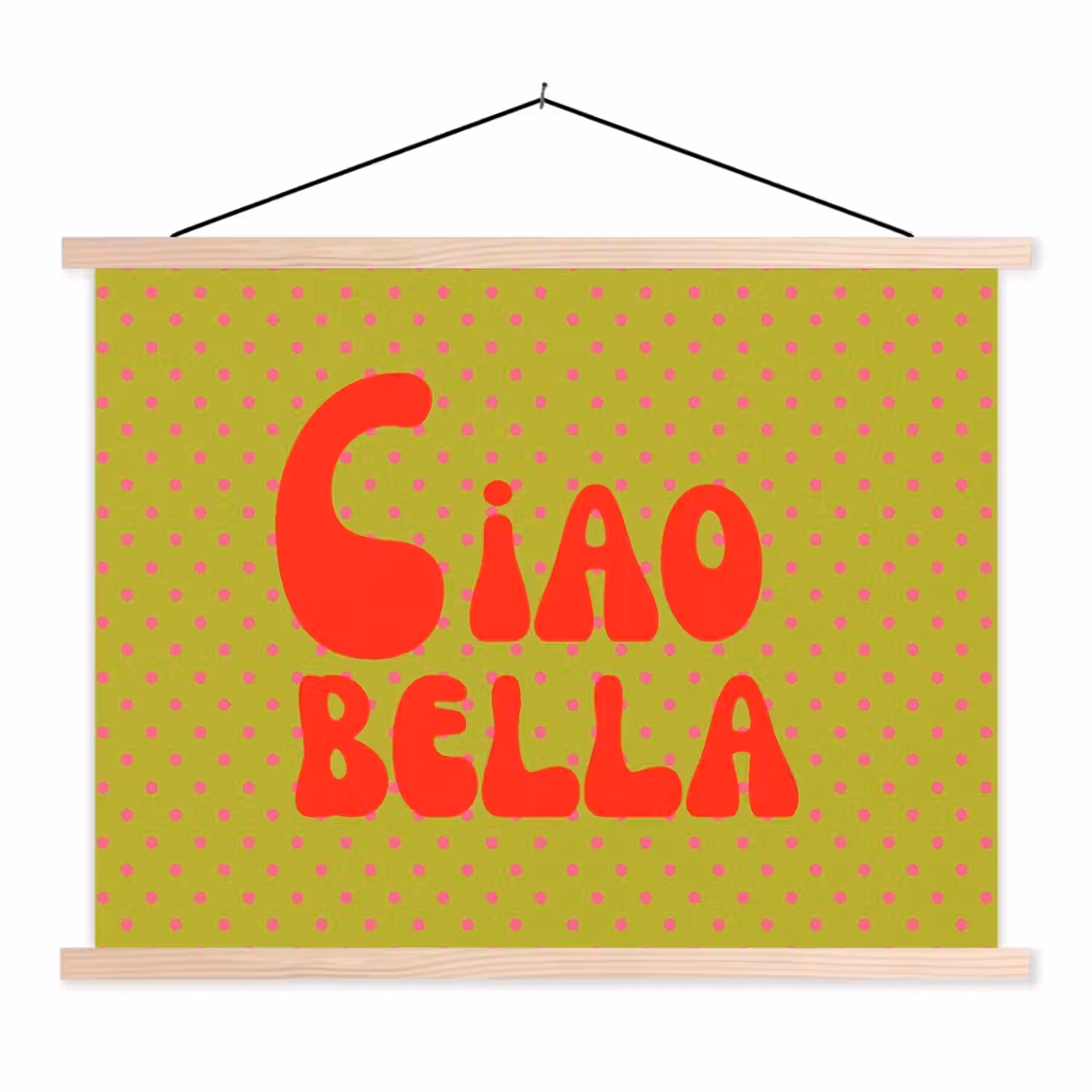 Ciao bella - Rood - Groen - Stippen textielposter latten blank klein -3d