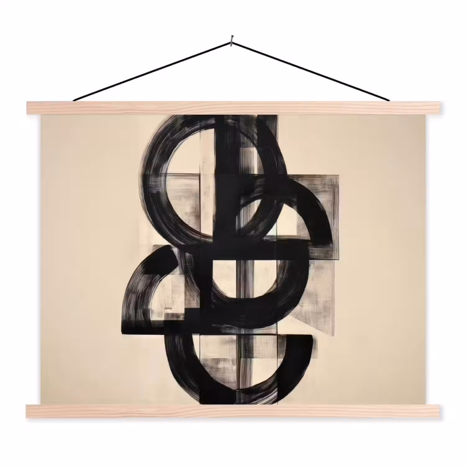 Cirkels - Lijnen - Vormen - Zwart textielposter latten blank klein -3d