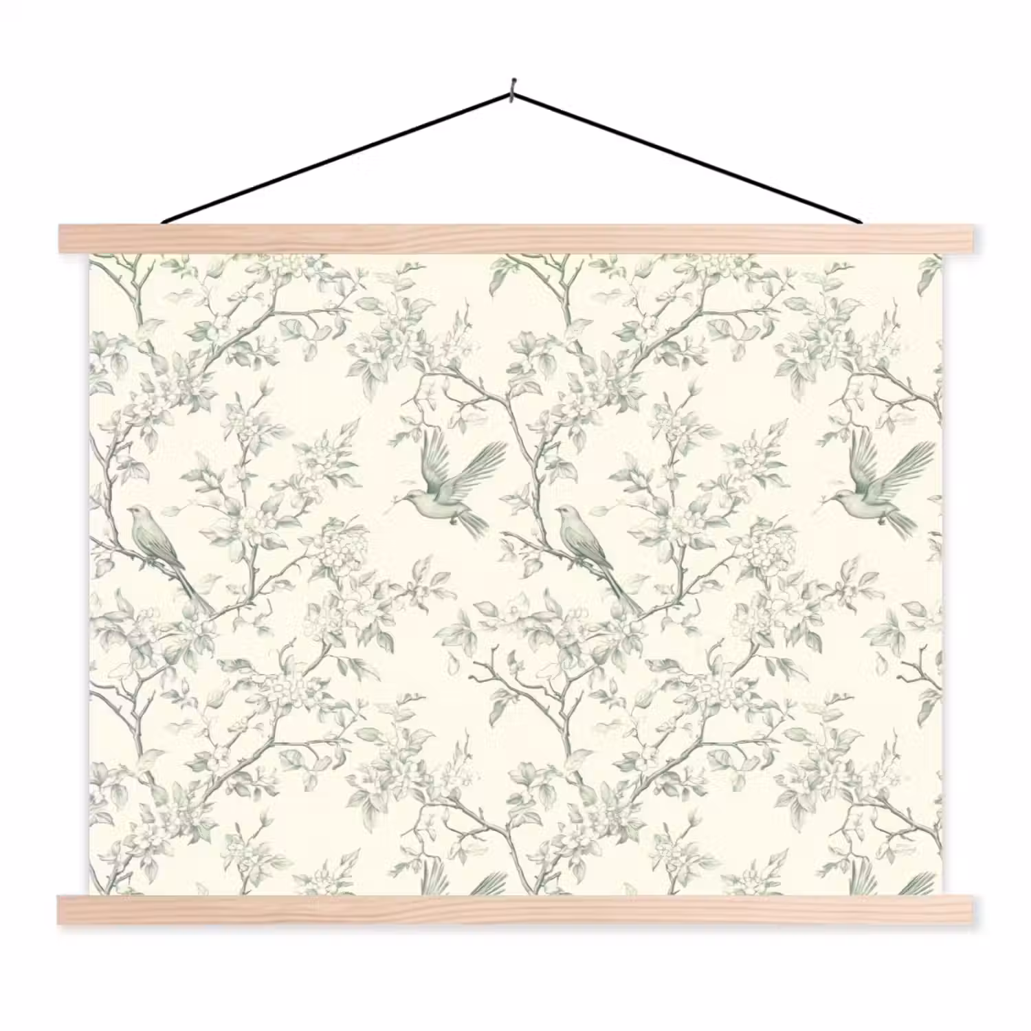 Klassiek - Vogels - Groen textielposter latten blank klein 122 -3d