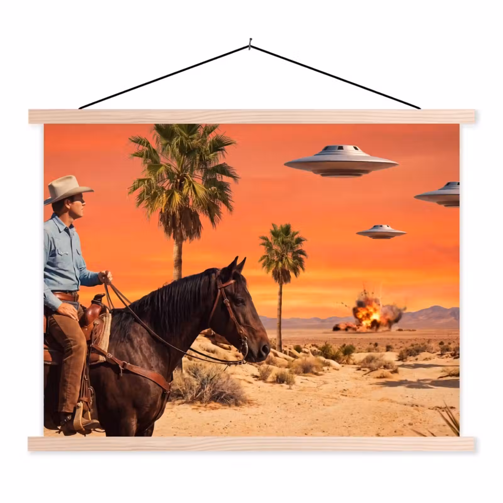 Hanging Poster - Cowboy - Horse - Desert - Cowboy - Paard - Woestijn textielposter latten blank klein