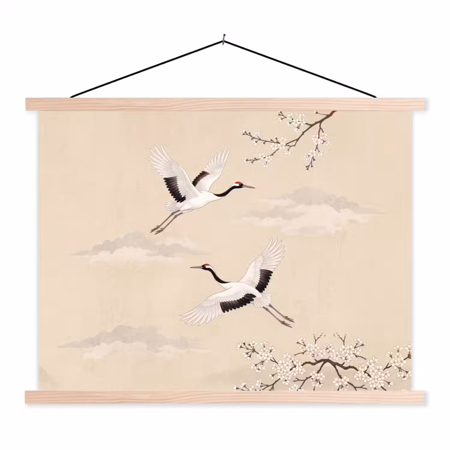 Kraanvogels - Bloesem - Beige textielposter latten blank klein -3d