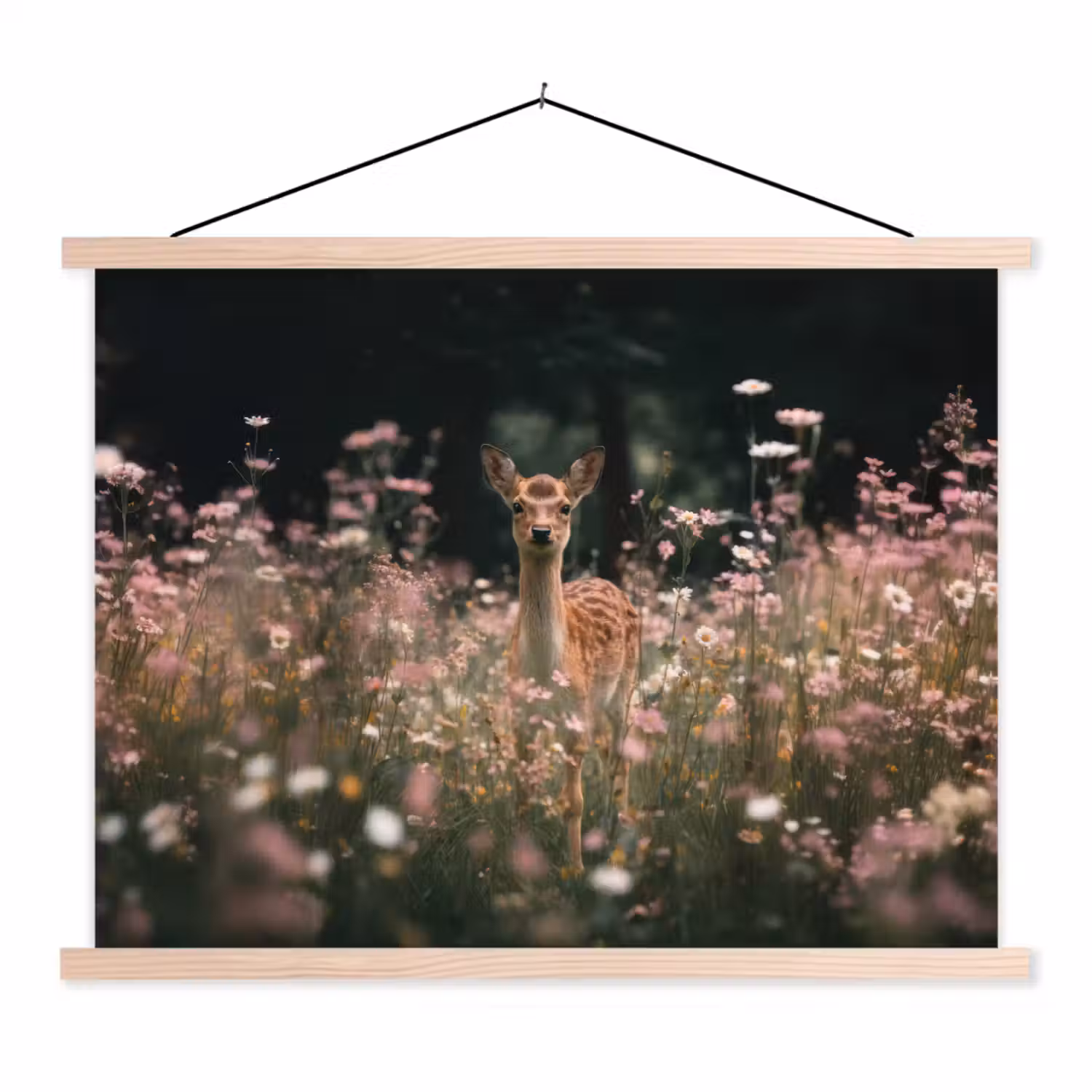 Hert - Wilde bloemen - Bos textielposter latten blank klein -3d