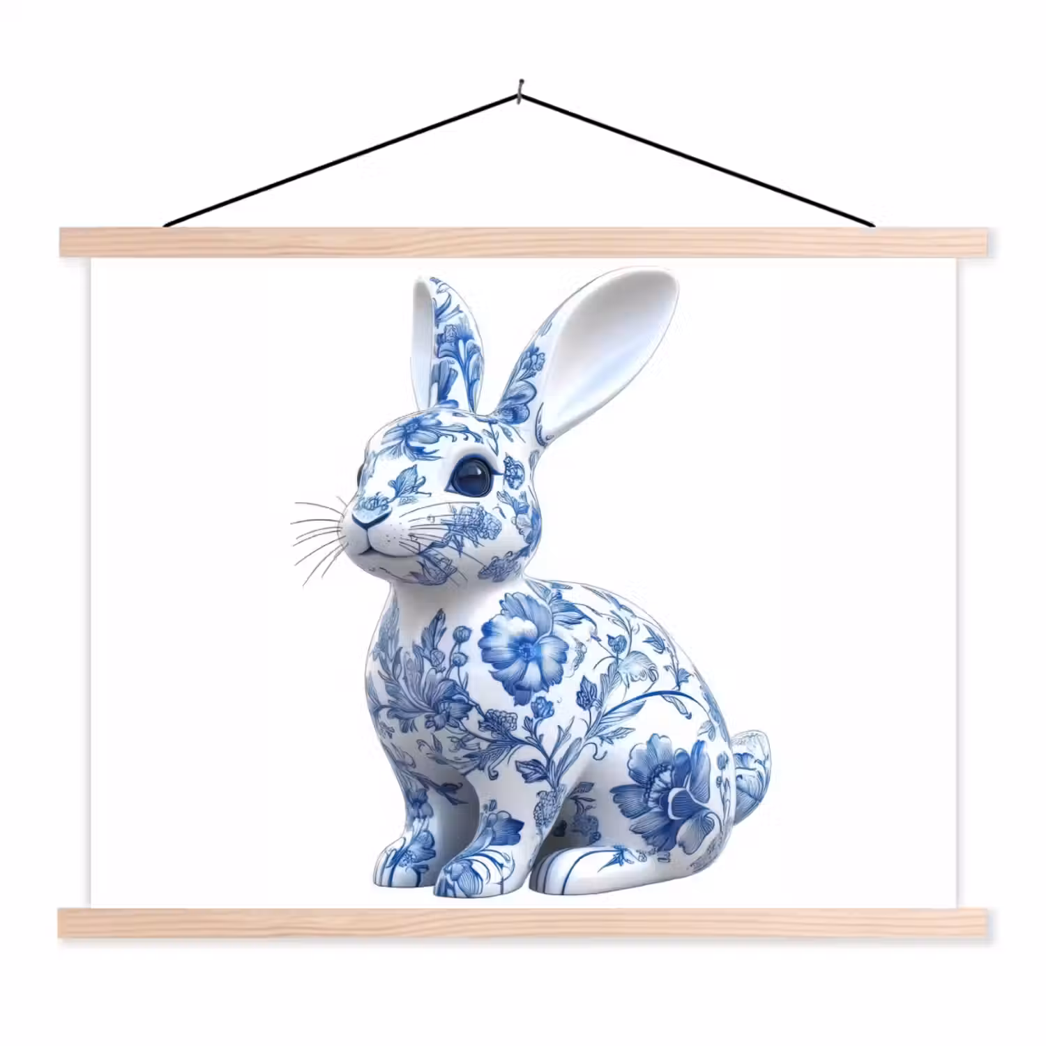 Delftsblauw - Haasje - Wit textielposter latten blank klein -3d