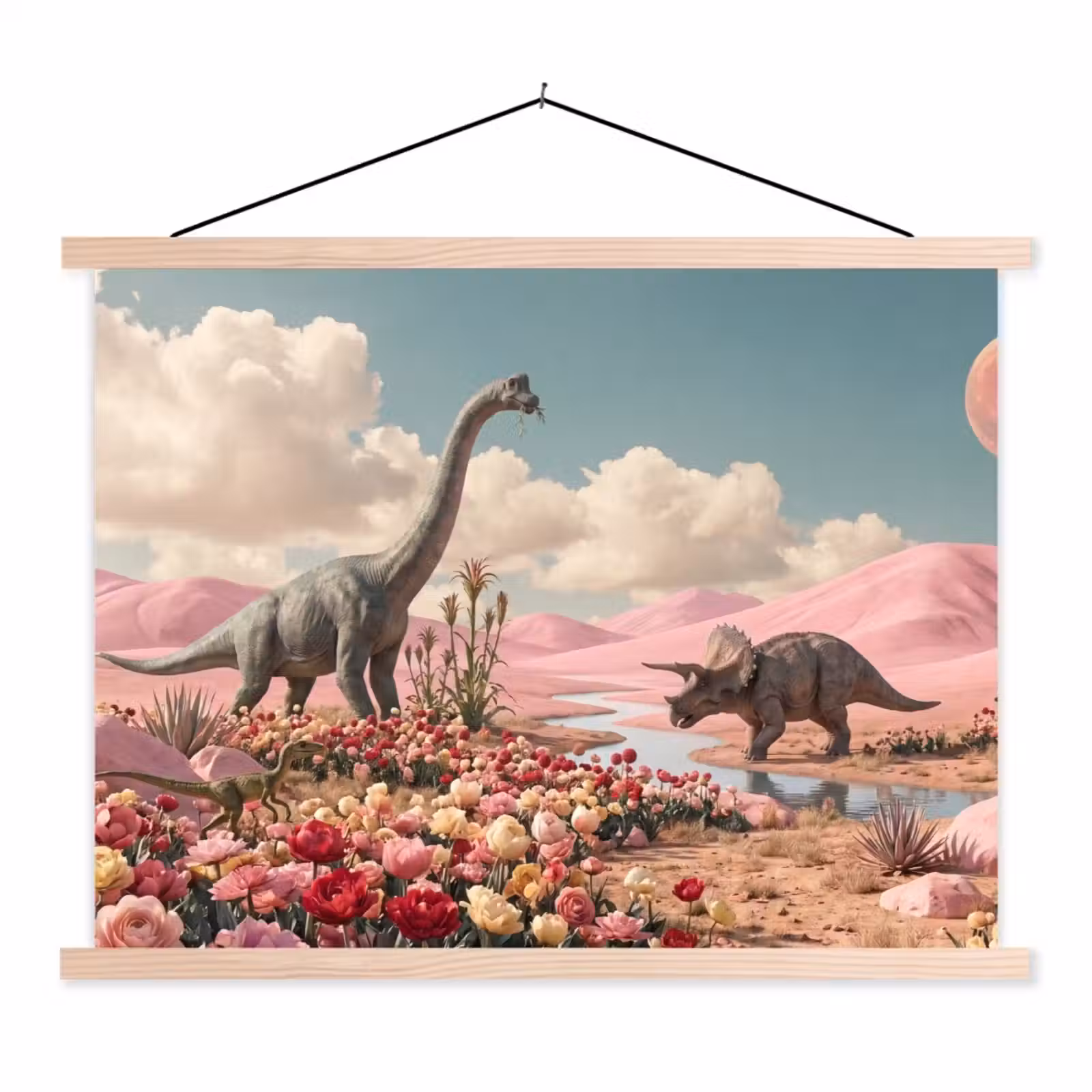 Hanging Poster - Dinosaur - Pink - Landscape - Dinosaurus - Roze - Landschap textielposter latten blank klein