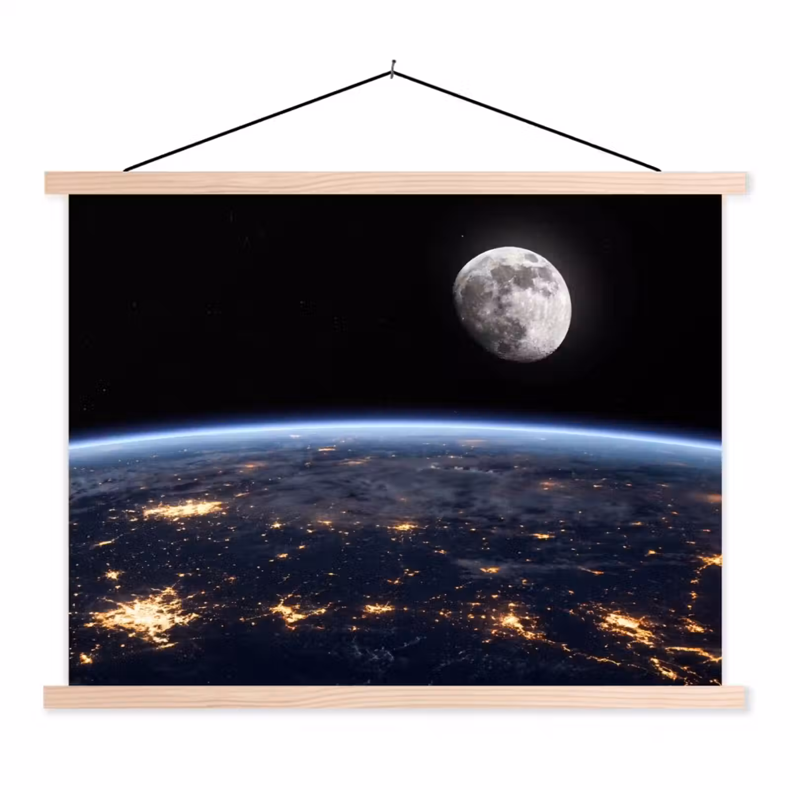 Hanging Poster - Earth - Night - Space - Aarde - Nacht - Ruimte textielposter latten blank klein