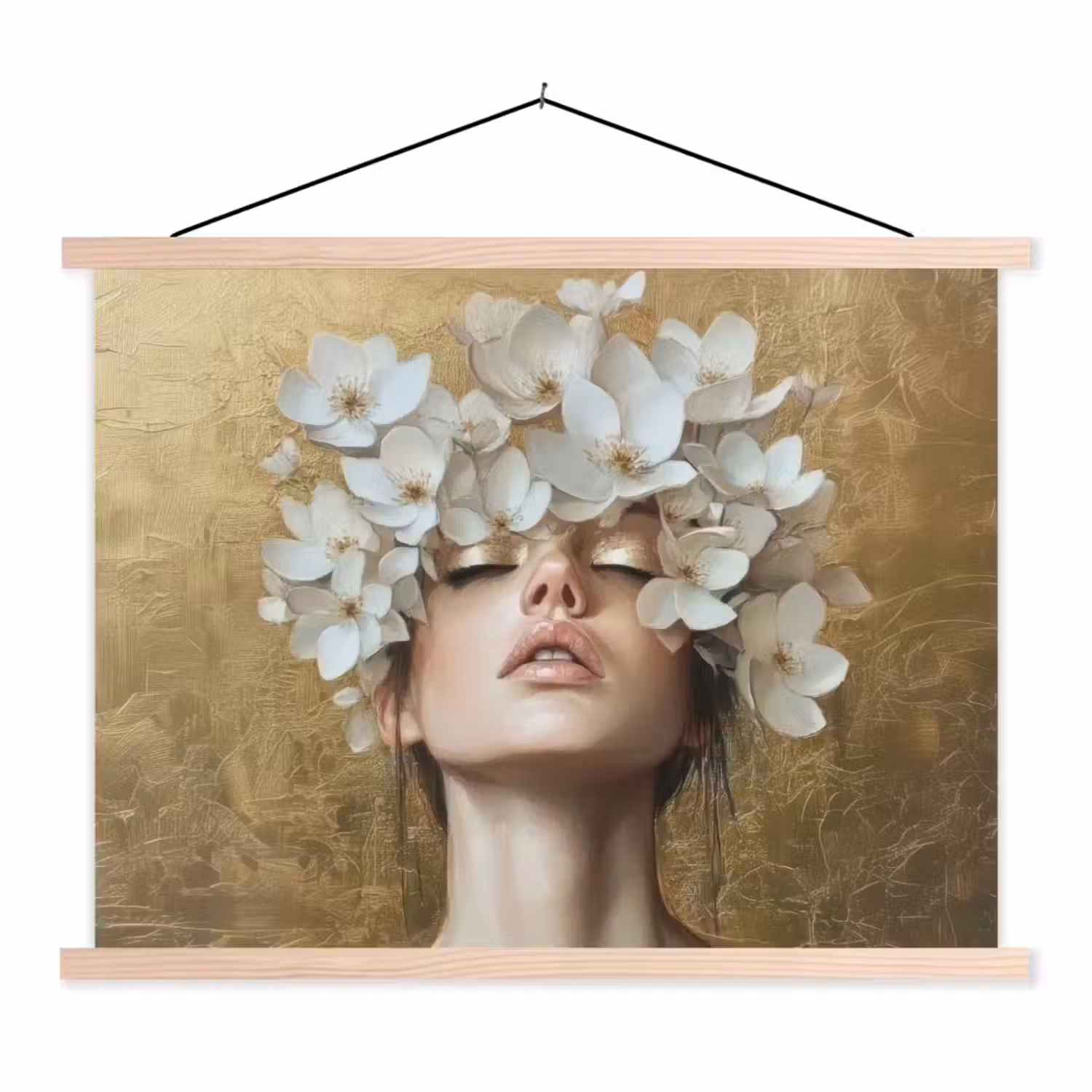 Gezicht - Bloemen - Goud - Abstract textielposter latten blank klein -3d