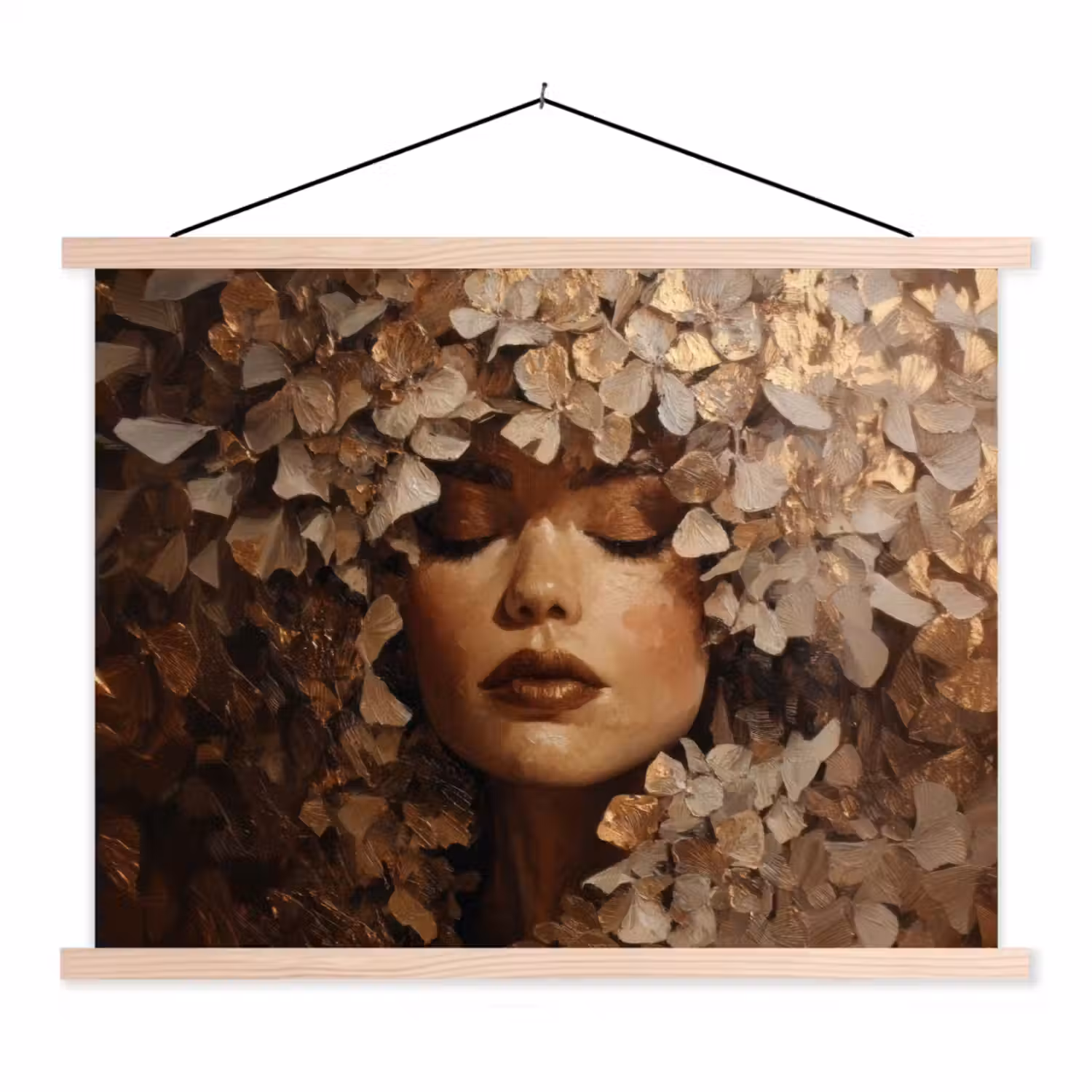 Gezicht - Vrouwe - Bladeren - Penseelstreken textielposter latten blank klein -3d