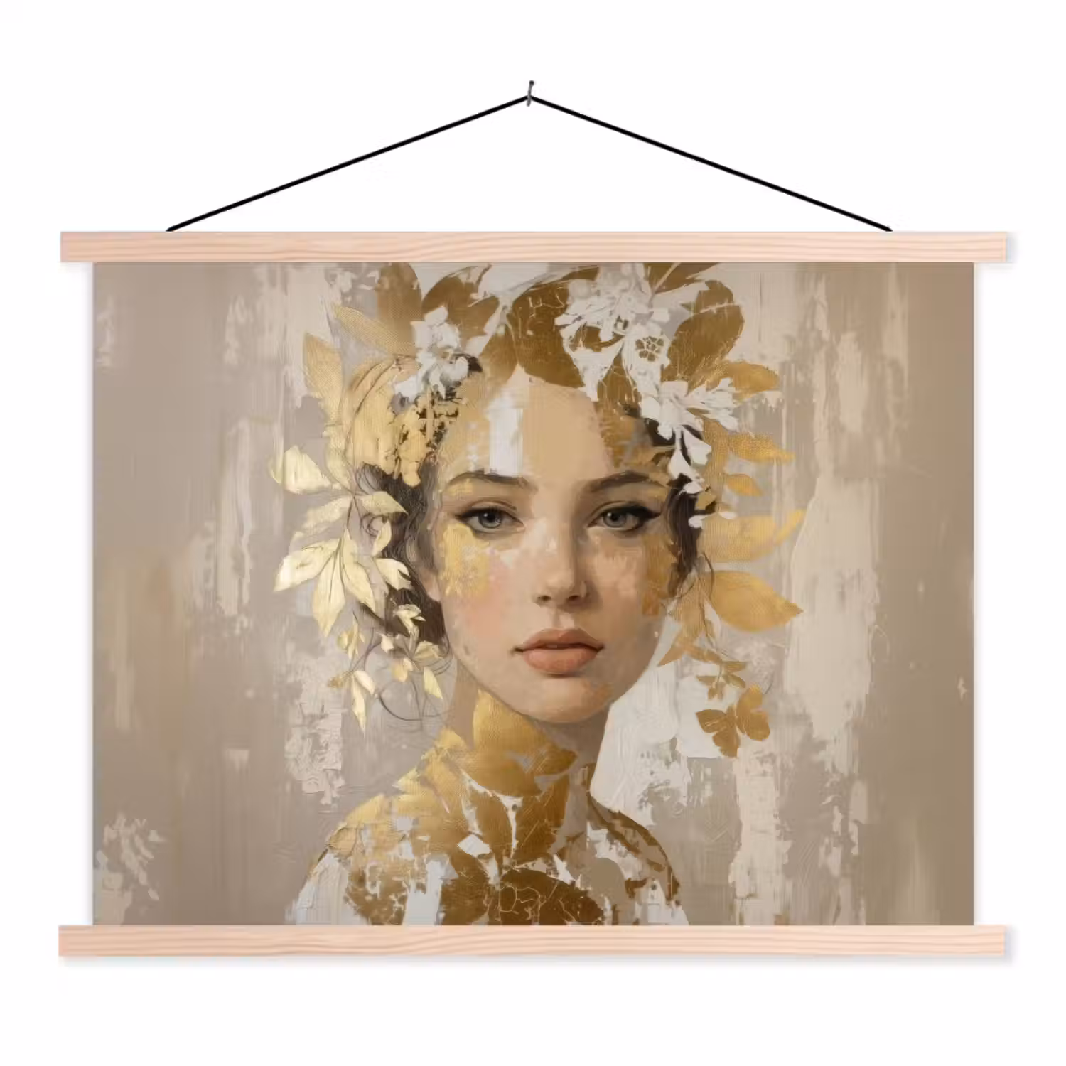 Gezicht - Vrouw - Bladeren - Goud textielposter latten blank klein -3d