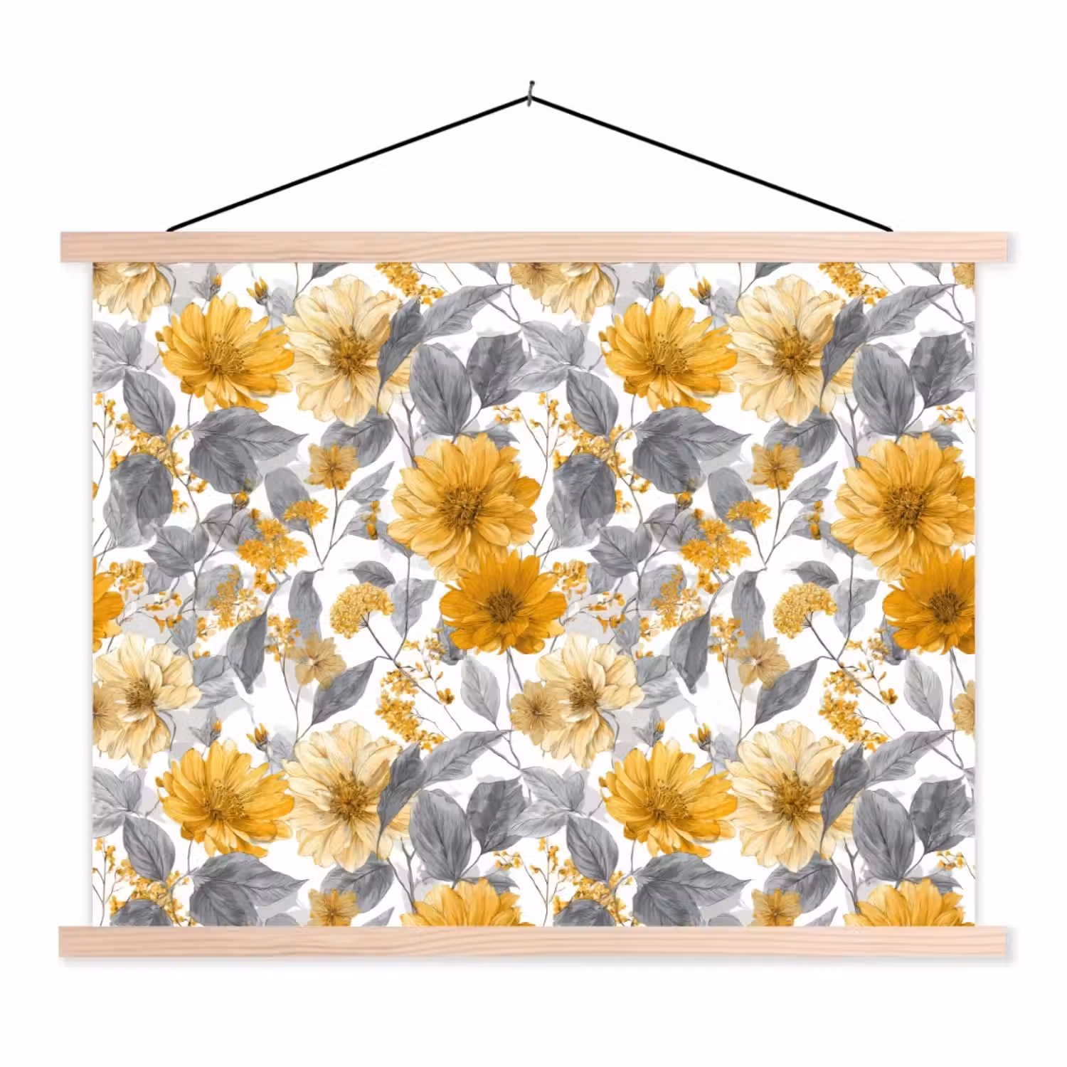 Bloemen - Botanisch - Elegant - Okergeel - Grijs textielposter latten blank klein 122 -3d