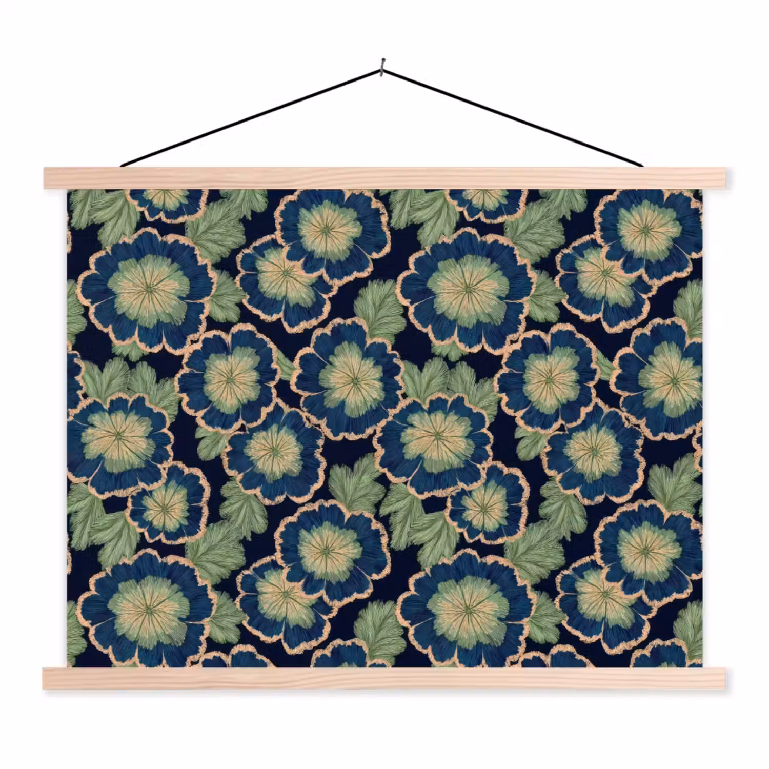 Bloemen - Borduurwerk - Patroon - Blauw - Groen textielposter latten blank klein 122 -3d