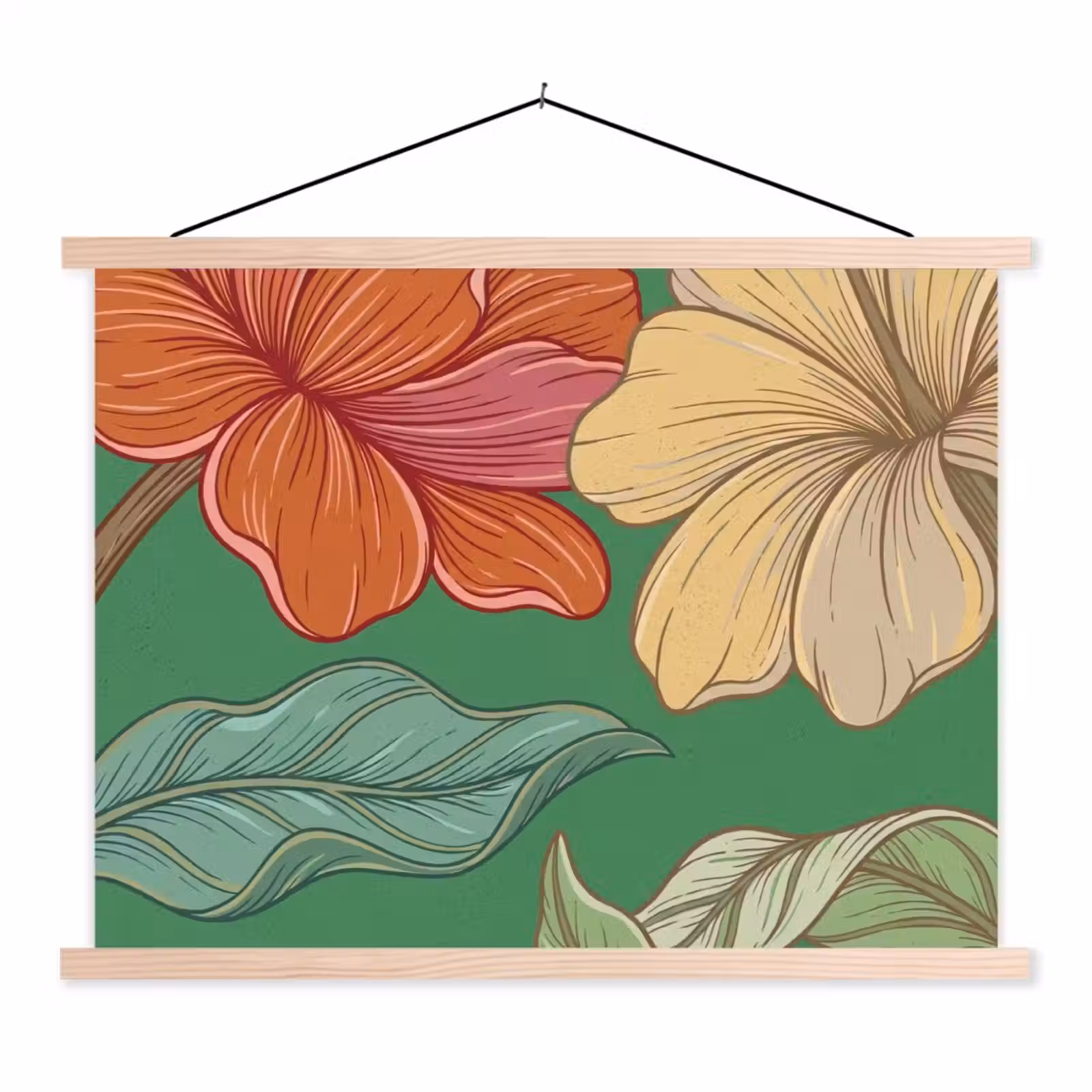 Hanging Poster - Flowers - Greenery - Illustration - Bloemen - Groen - Illustratie textielposter latten blank klein