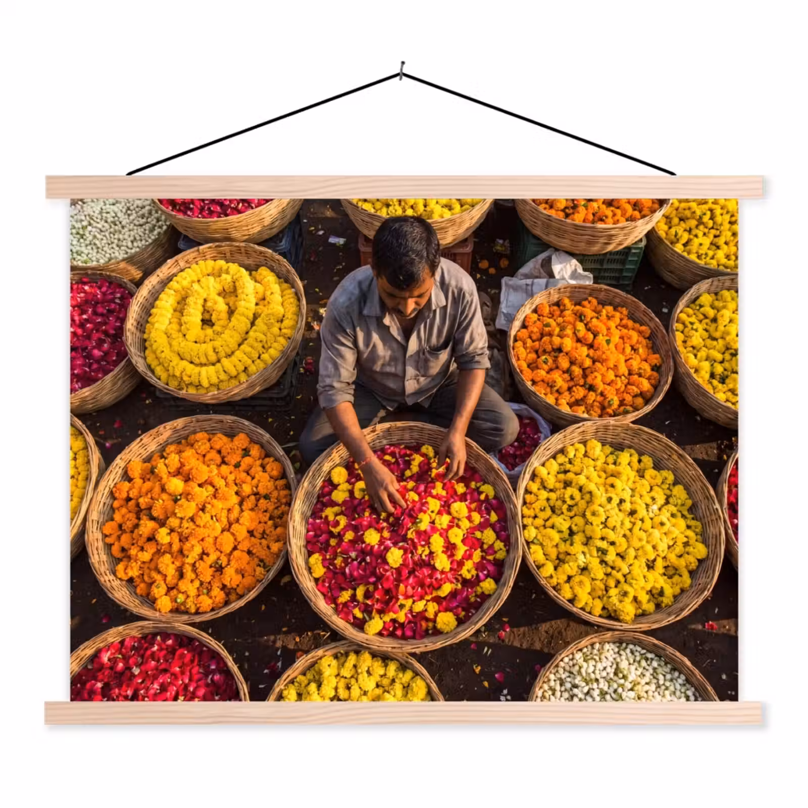 Hanging Poster - Flowers - Market - Colorful - Bloemen - Markt - Kleurrijk textielposter latten blank klein