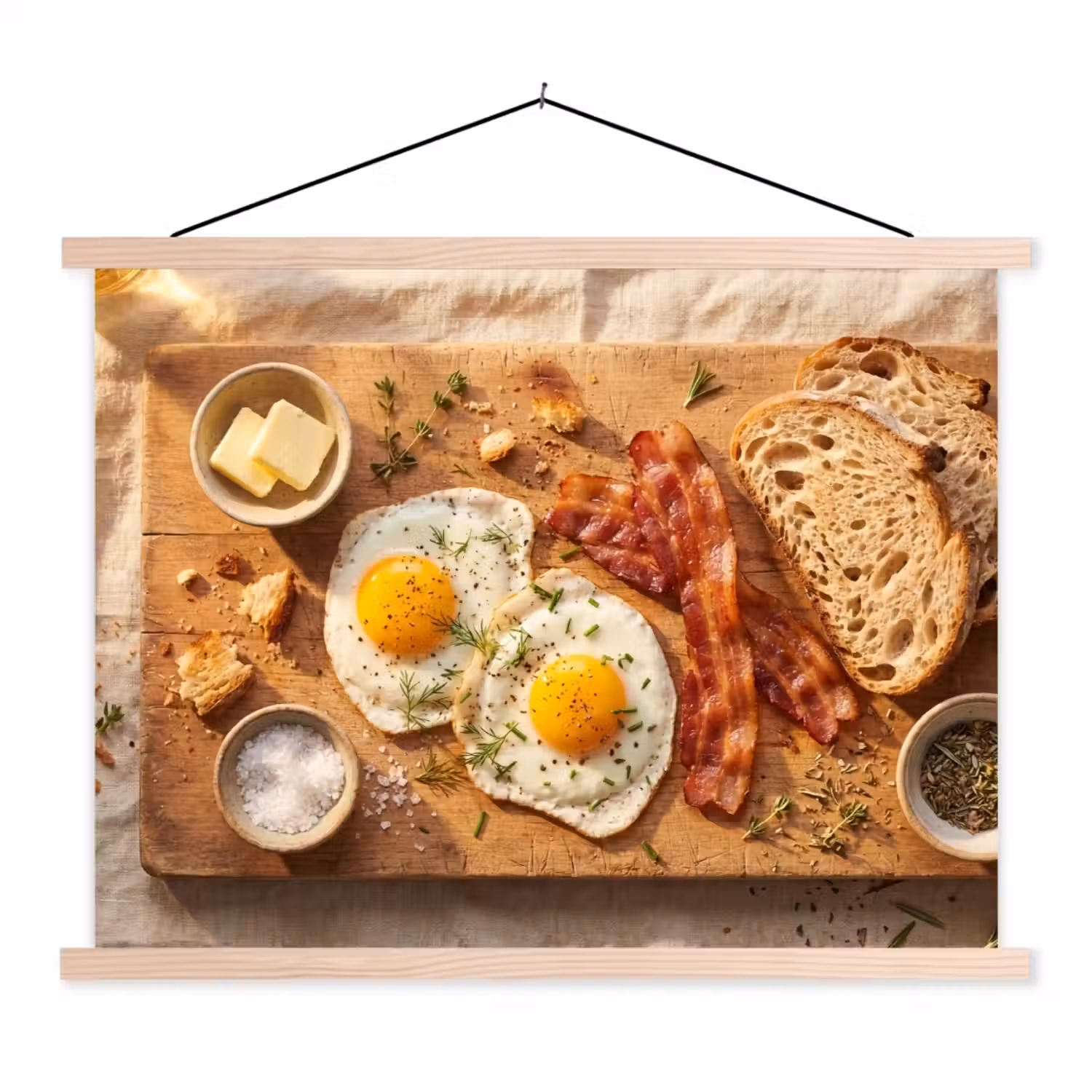 Eten - Ontbijt - Hout - Rustiek - Geel textielposter latten blank klein -3d