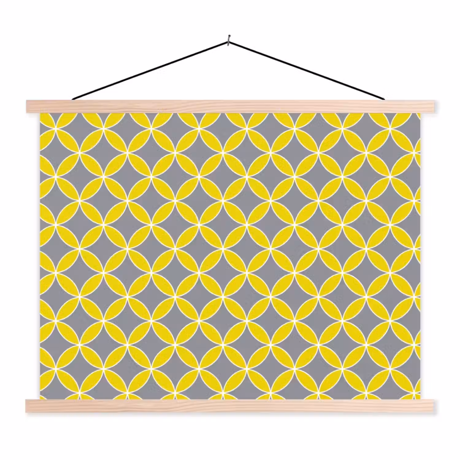 Geometrisch - Cirkels - Modern - Grijs - Geel textielposter latten blank klein 122 -3d