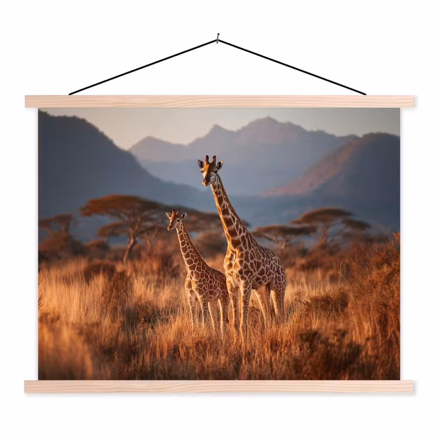 Giraffen - Hoog gras - Acaciabomen textielposter latten blank klein -3d