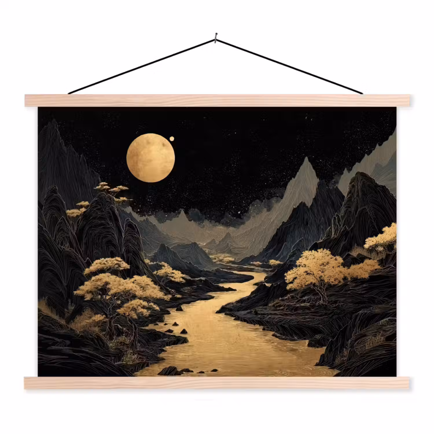 Gouden rivier - Bergen - Maan - Sterrenhemel textielposter latten blank klein -3d